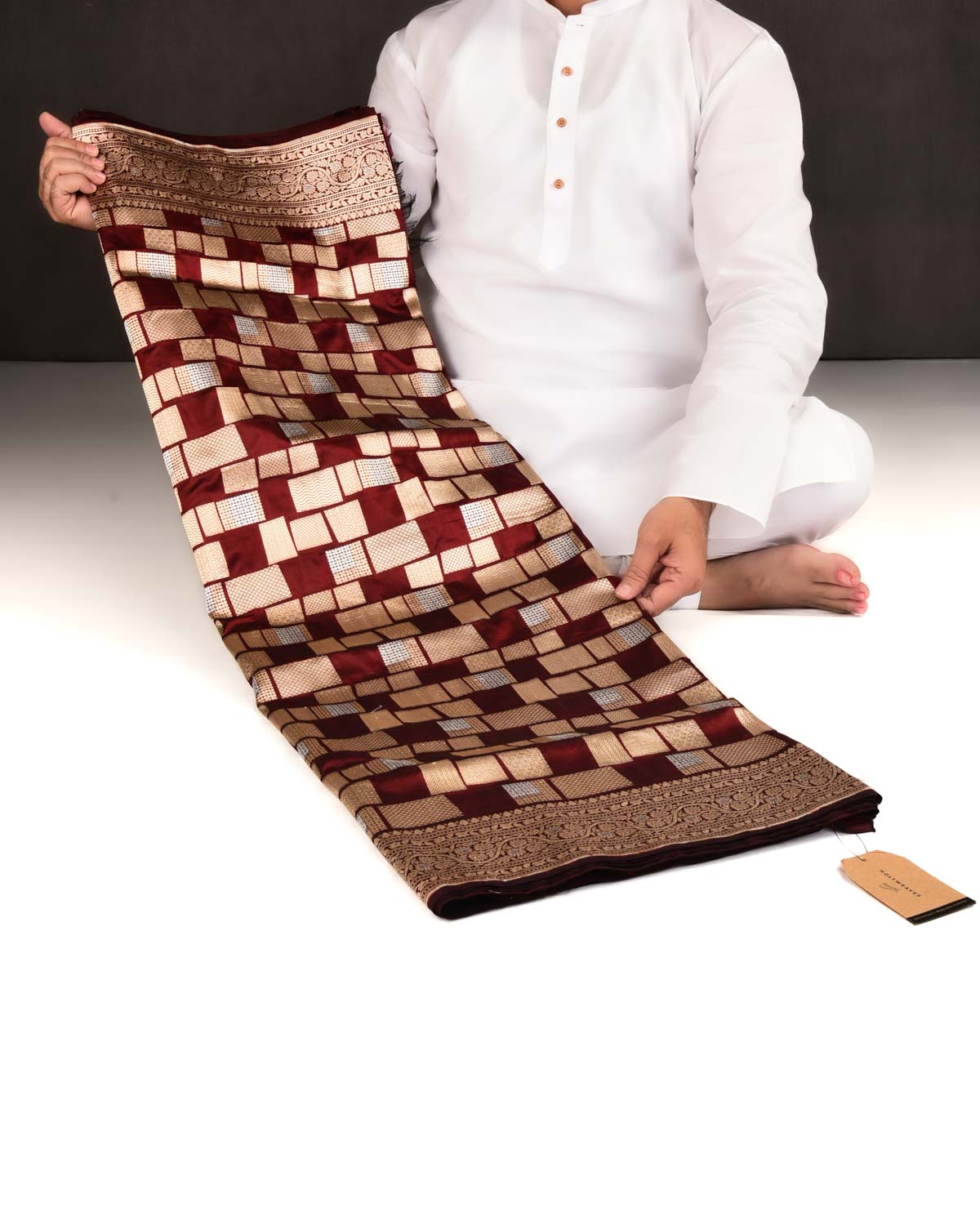 Maroon Banarasi Gold & Silver Zari Random Blocks Cutwork Brocade Handwoven Katan Silk Saree-HolyWeaves