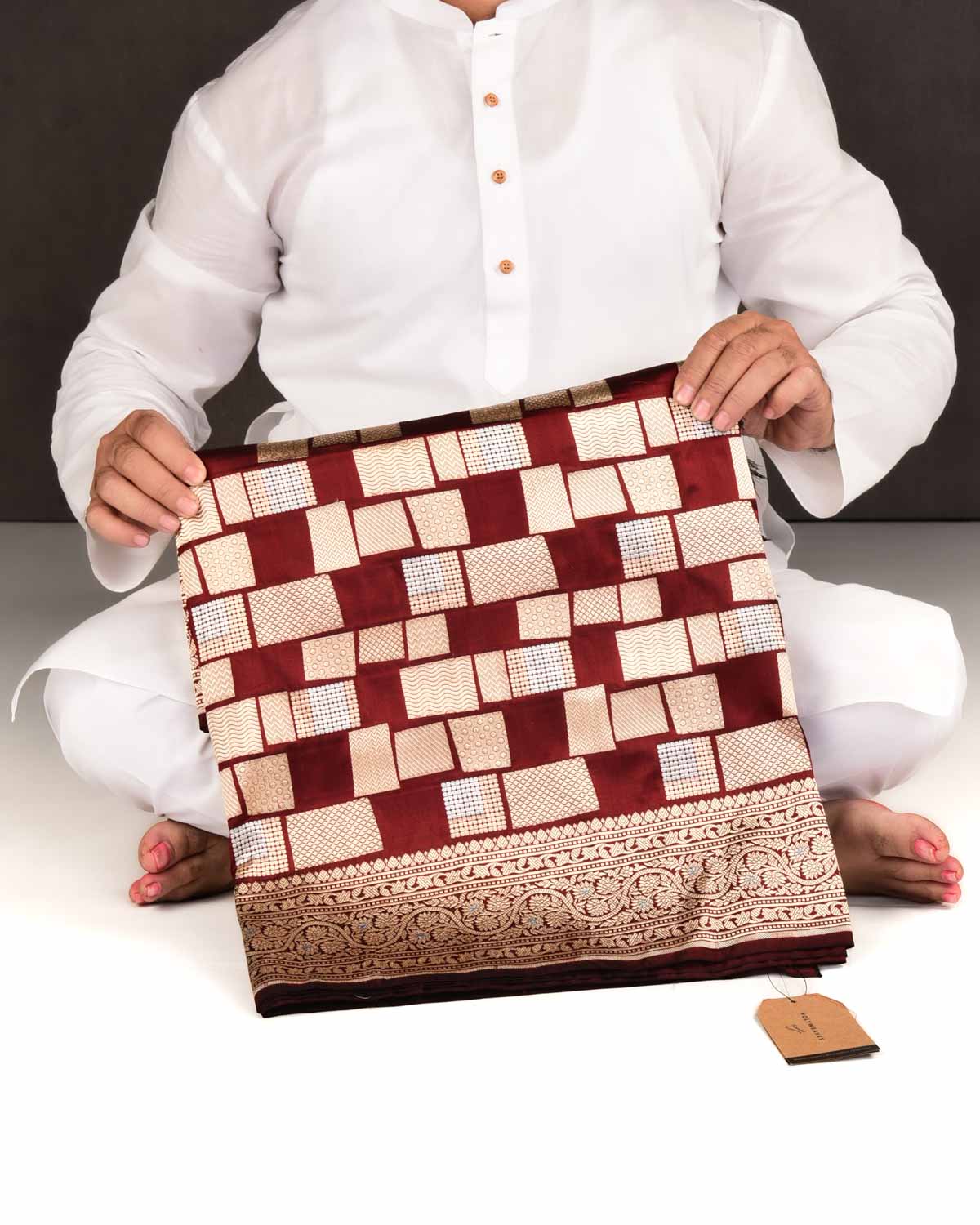 Maroon Banarasi Gold & Silver Zari Random Blocks Cutwork Brocade Handwoven Katan Silk Saree-HolyWeaves