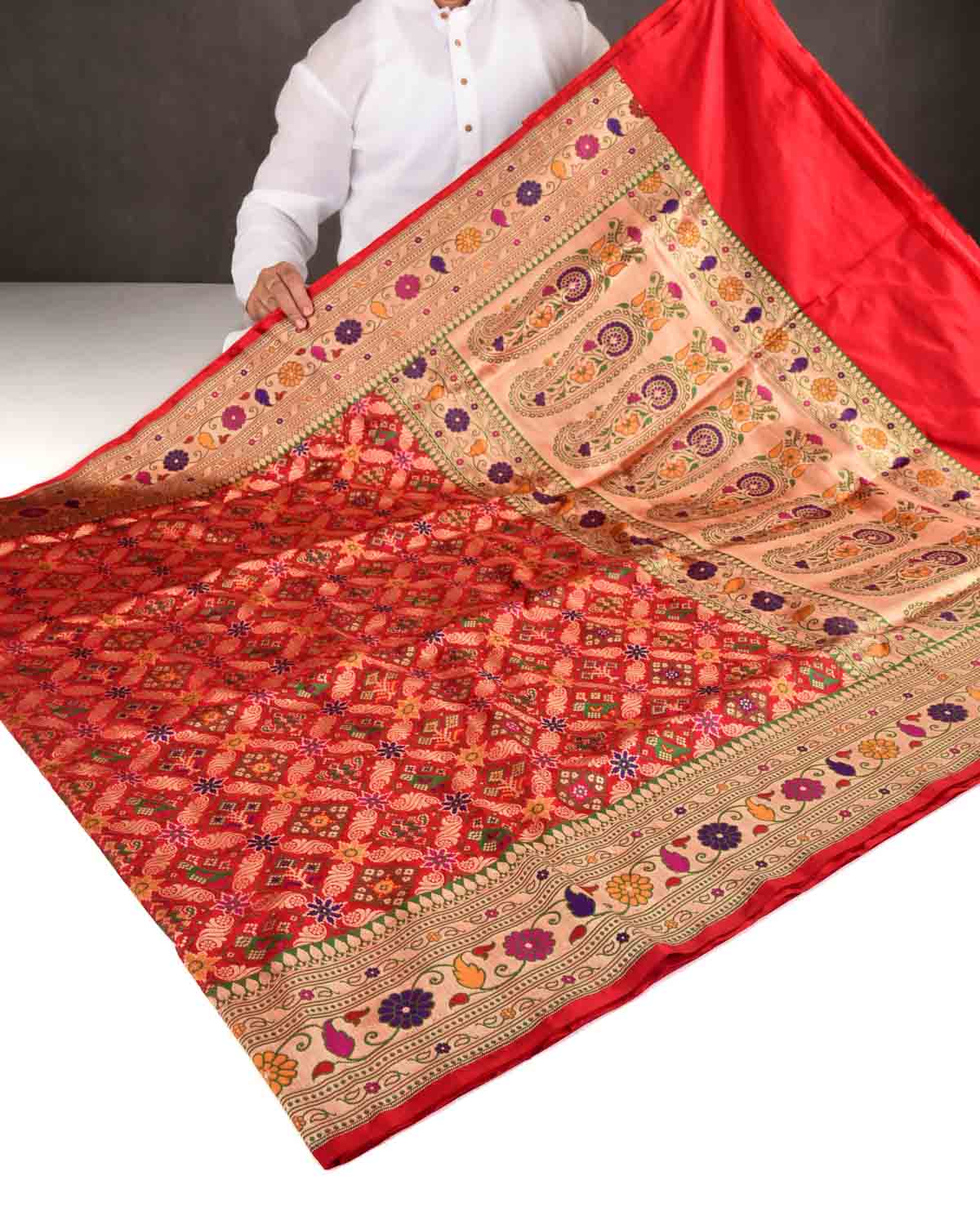 Bridal Red Banarasi Gold Zari & Multi-color Resham Patola Cutwork Brocade Handwoven Katan Silk Saree-HolyWeaves