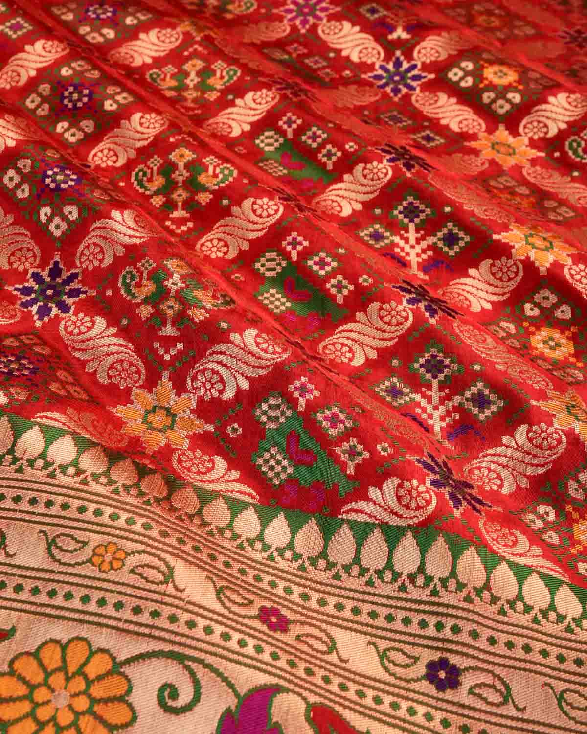 Bridal Red Banarasi Gold Zari & Multi-color Resham Patola Cutwork Brocade Handwoven Katan Silk Saree-HolyWeaves