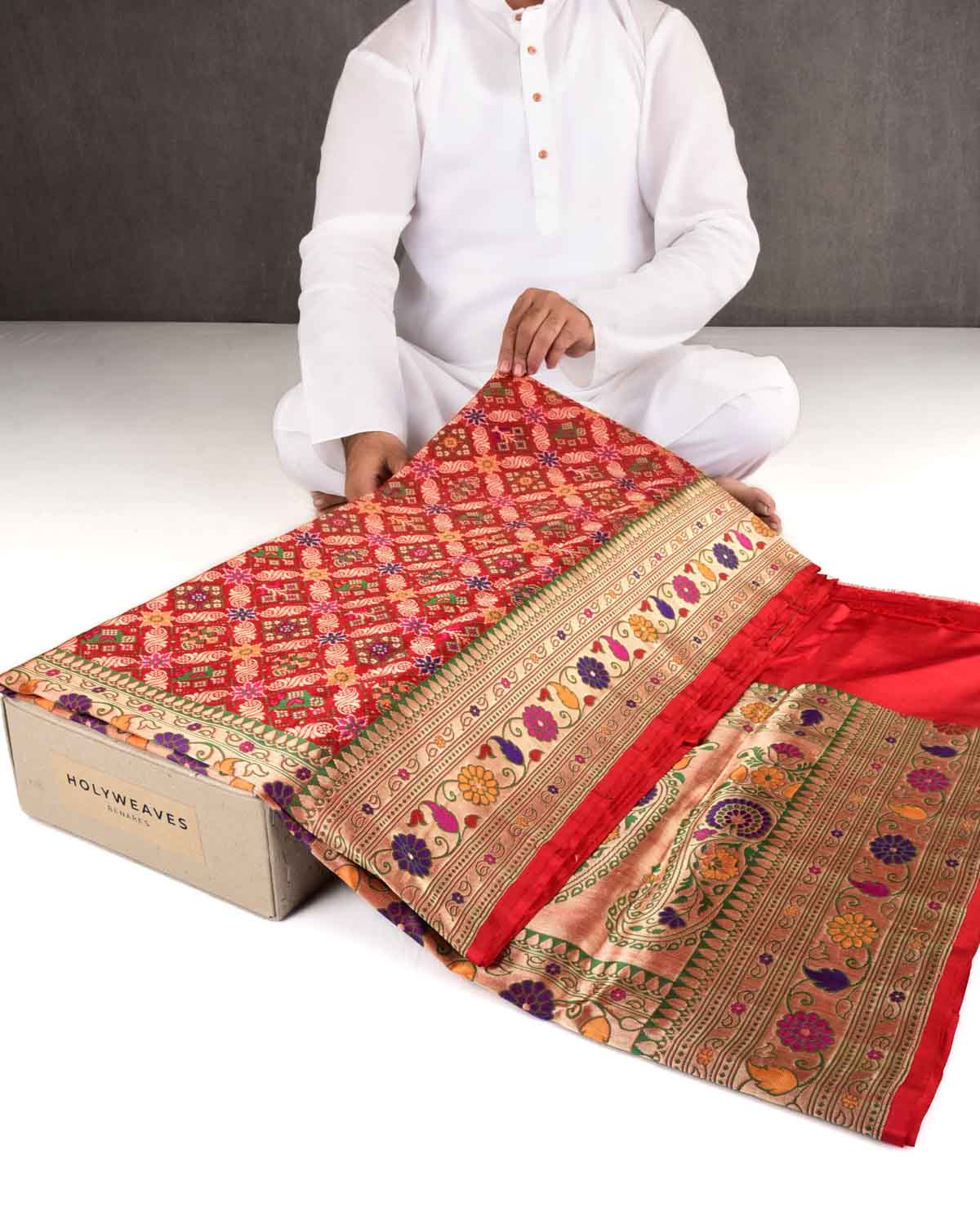 Bridal Red Banarasi Gold Zari & Multi-color Resham Patola Cutwork Brocade Handwoven Katan Silk Saree-HolyWeaves