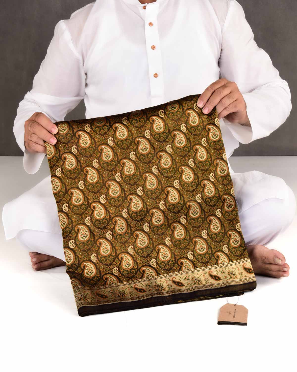 Black Banarasi Tehri Paisley Jamawar Brocade Handwoven Katan Silk Saree with Gold Zari Accents-HolyWeaves