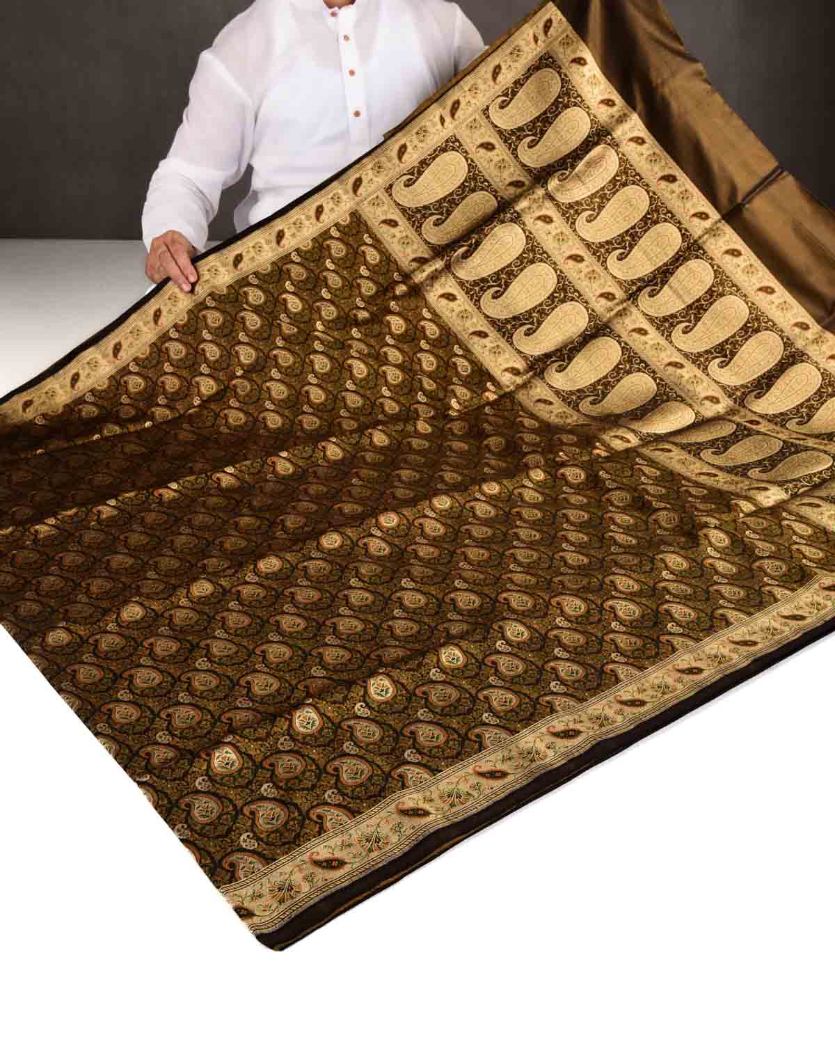 Black Banarasi Tehri Paisley Jamawar Brocade Handwoven Katan Silk Saree with Gold Zari Accents-HolyWeaves
