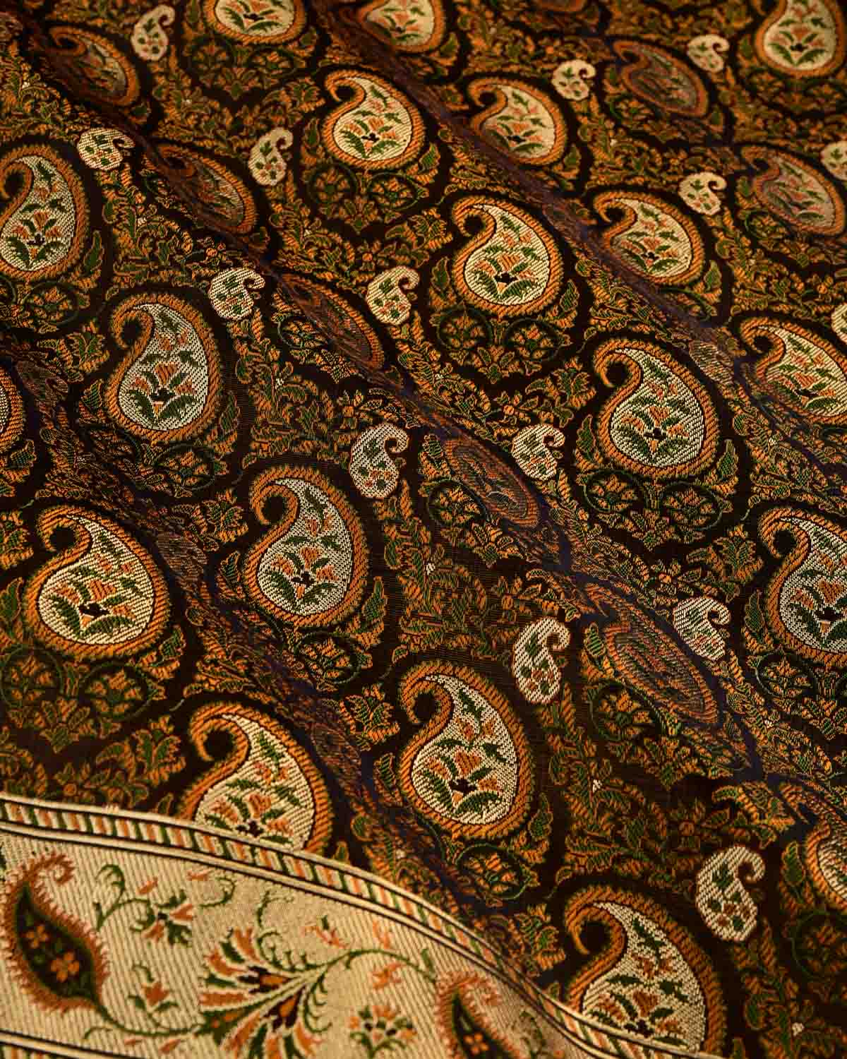 Black Banarasi Tehri Paisley Jamawar Brocade Handwoven Katan Silk Saree with Gold Zari Accents-HolyWeaves