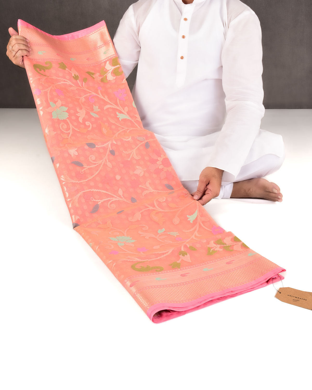 Salmon Pink Banarasi Gold Zari Polka Buti & Meenekari Palla Cutwork Brocade Woven Art Kora Silk Saree-HolyWeaves