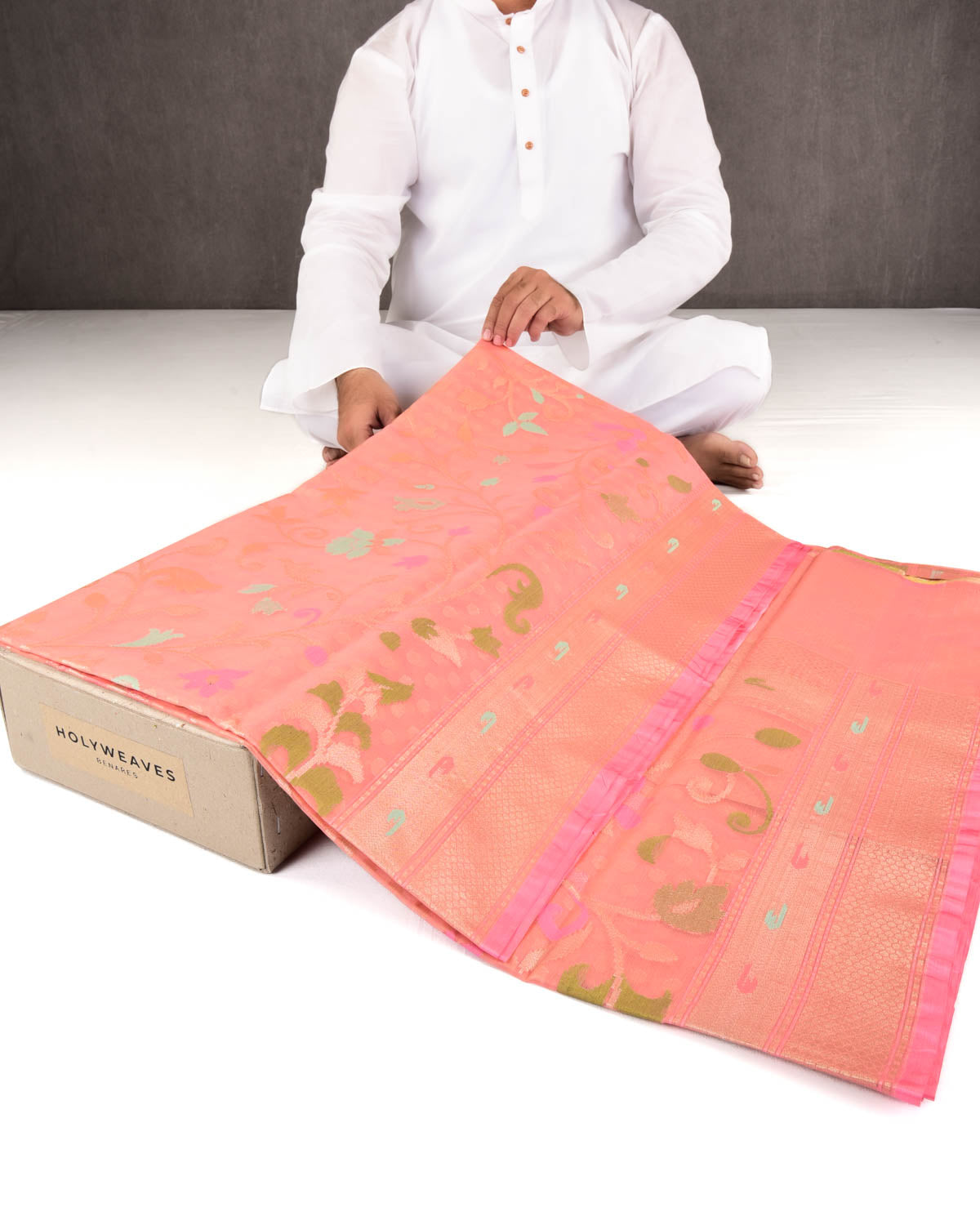 Salmon Pink Banarasi Gold Zari Polka Buti & Meenekari Palla Cutwork Brocade Woven Art Kora Silk Saree-HolyWeaves