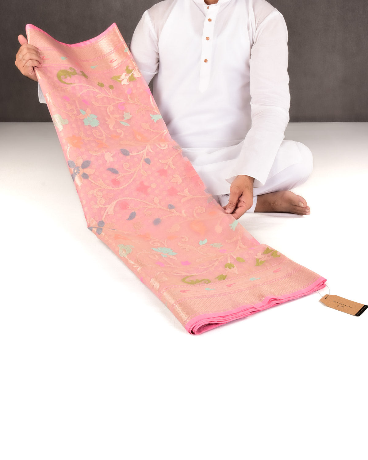 Tuscany Peach Banarasi Gold Zari Polka Buti & Meenekari Palla Cutwork Brocade Woven Art Kora Silk Saree-HolyWeaves