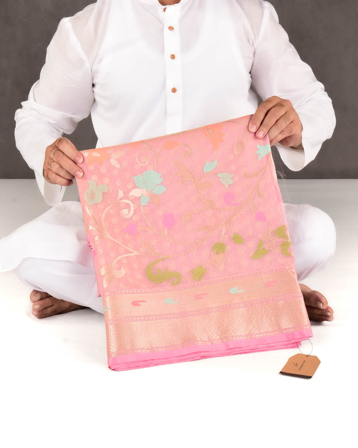 Tuscany Peach Banarasi Gold Zari Polka Buti & Meenekari Palla Cutwork Brocade Woven Art Kora Silk Saree-HolyWeaves