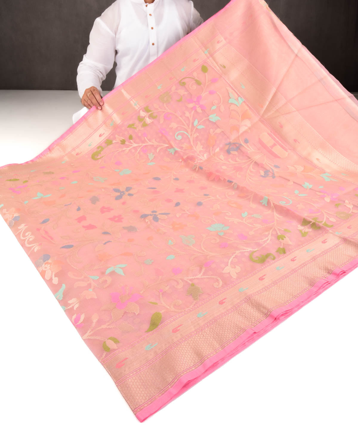 Tuscany Peach Banarasi Gold Zari Polka Buti & Meenekari Palla Cutwork Brocade Woven Art Kora Silk Saree-HolyWeaves