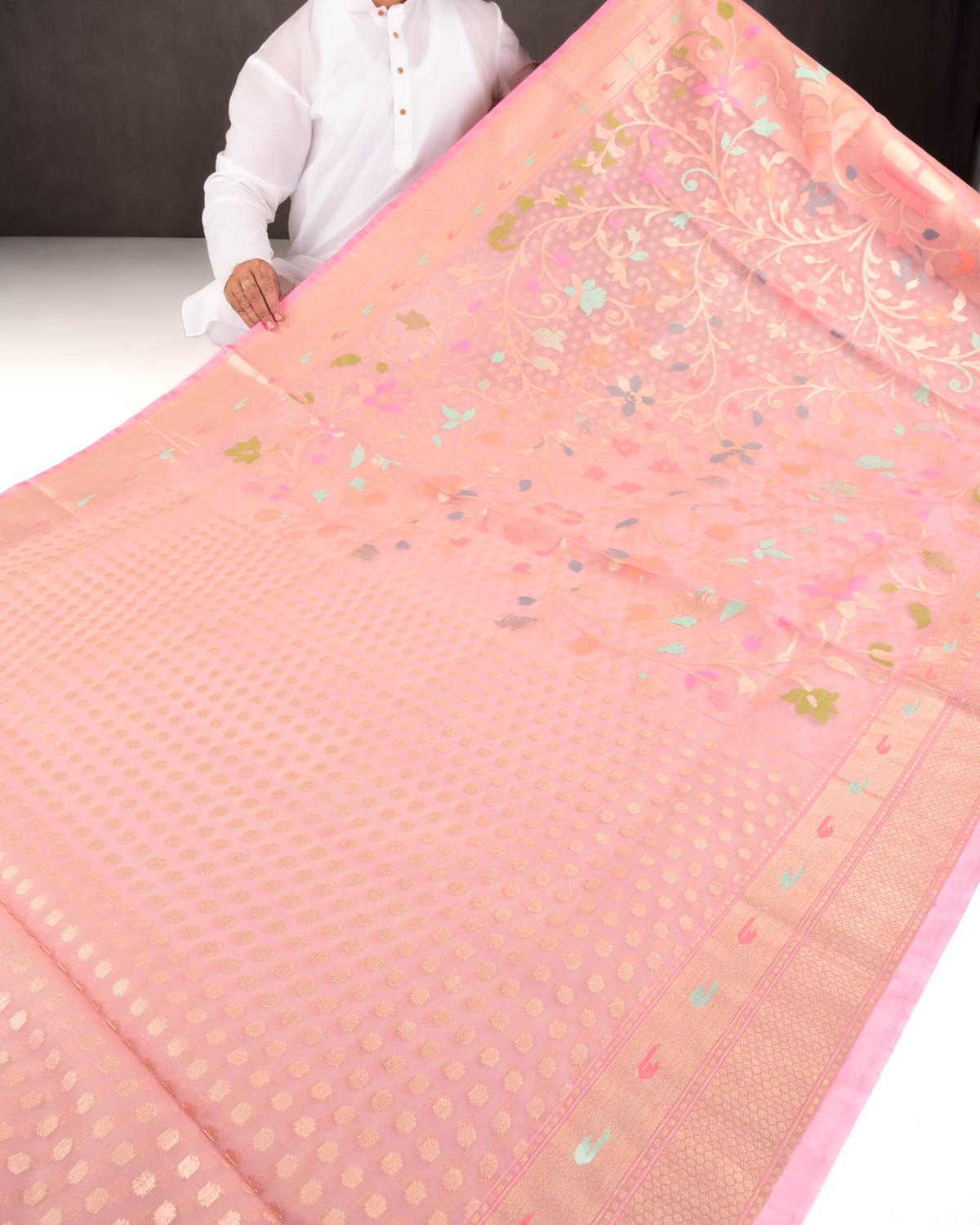 Tuscany Peach Banarasi Gold Zari Polka Buti & Meenekari Palla Cutwork Brocade Woven Art Kora Silk Saree-HolyWeaves