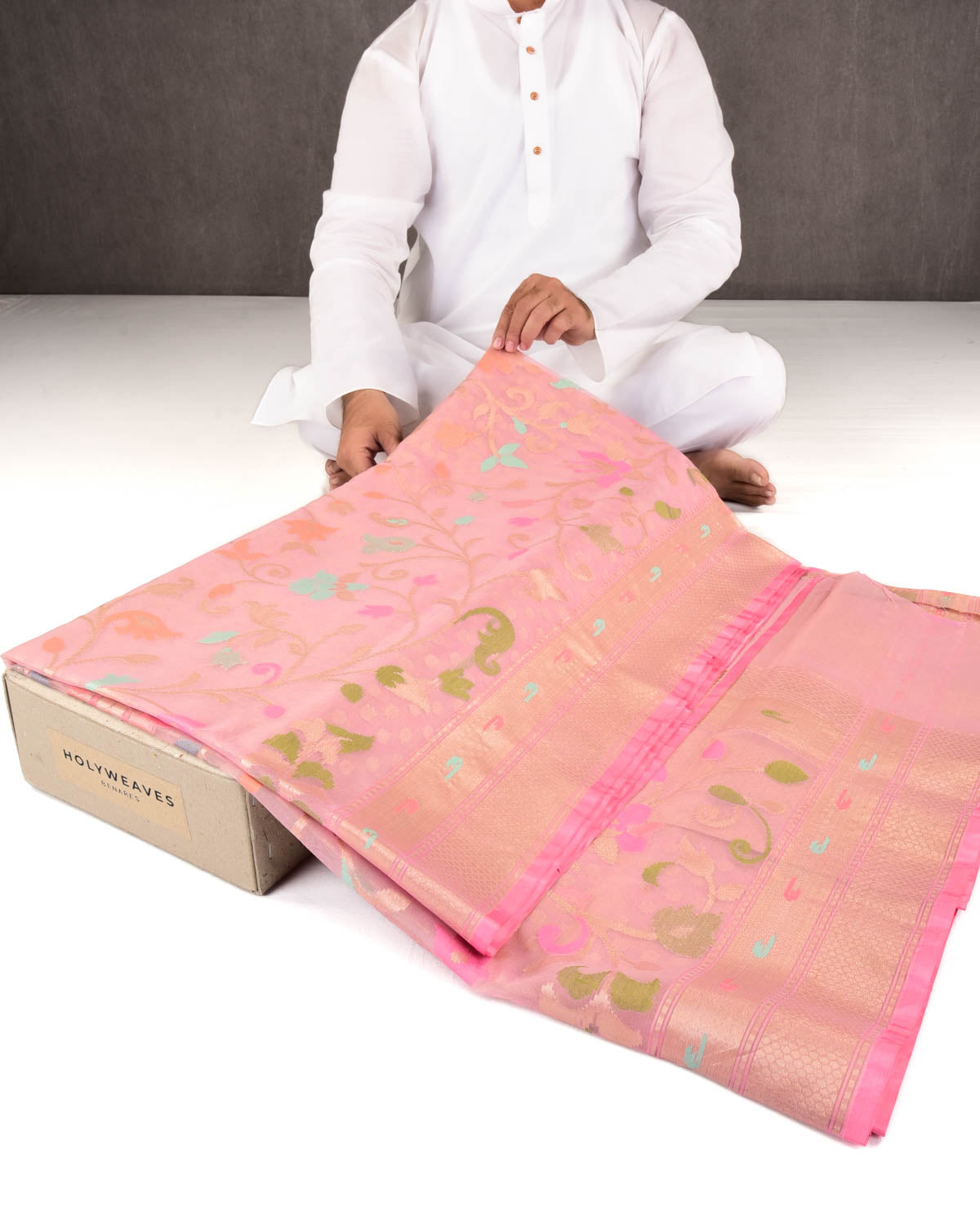 Tuscany Peach Banarasi Gold Zari Polka Buti & Meenekari Palla Cutwork Brocade Woven Art Kora Silk Saree-HolyWeaves