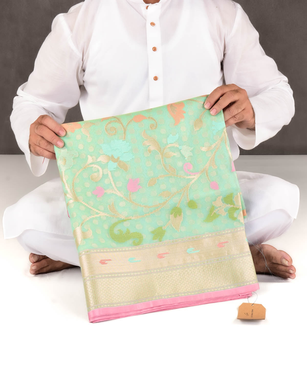 Aqua Marine Banarasi Gold Zari Polka Buti & Meenekari Palla Cutwork Brocade Woven Art Kora Silk Saree-HolyWeaves