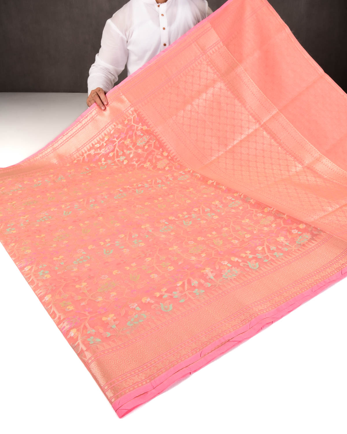 Salmon Pink Banarasi Gold Zari & Meenekari Paisley Jaal Cutwork Brocade Woven Art Kora Silk Saree-HolyWeaves