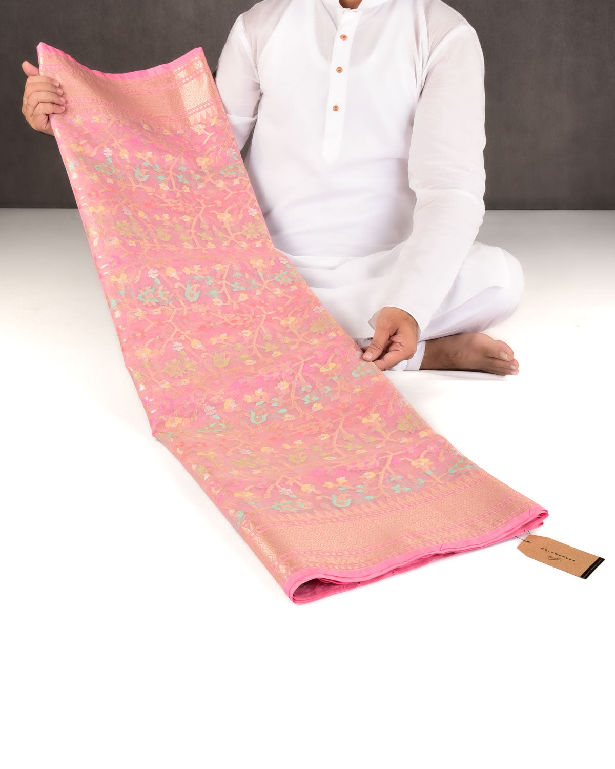 Tuscany Peach Banarasi Gold Zari & Meenekari Paisley Jaal Cutwork Brocade Woven Art Kora Silk Saree-HolyWeaves