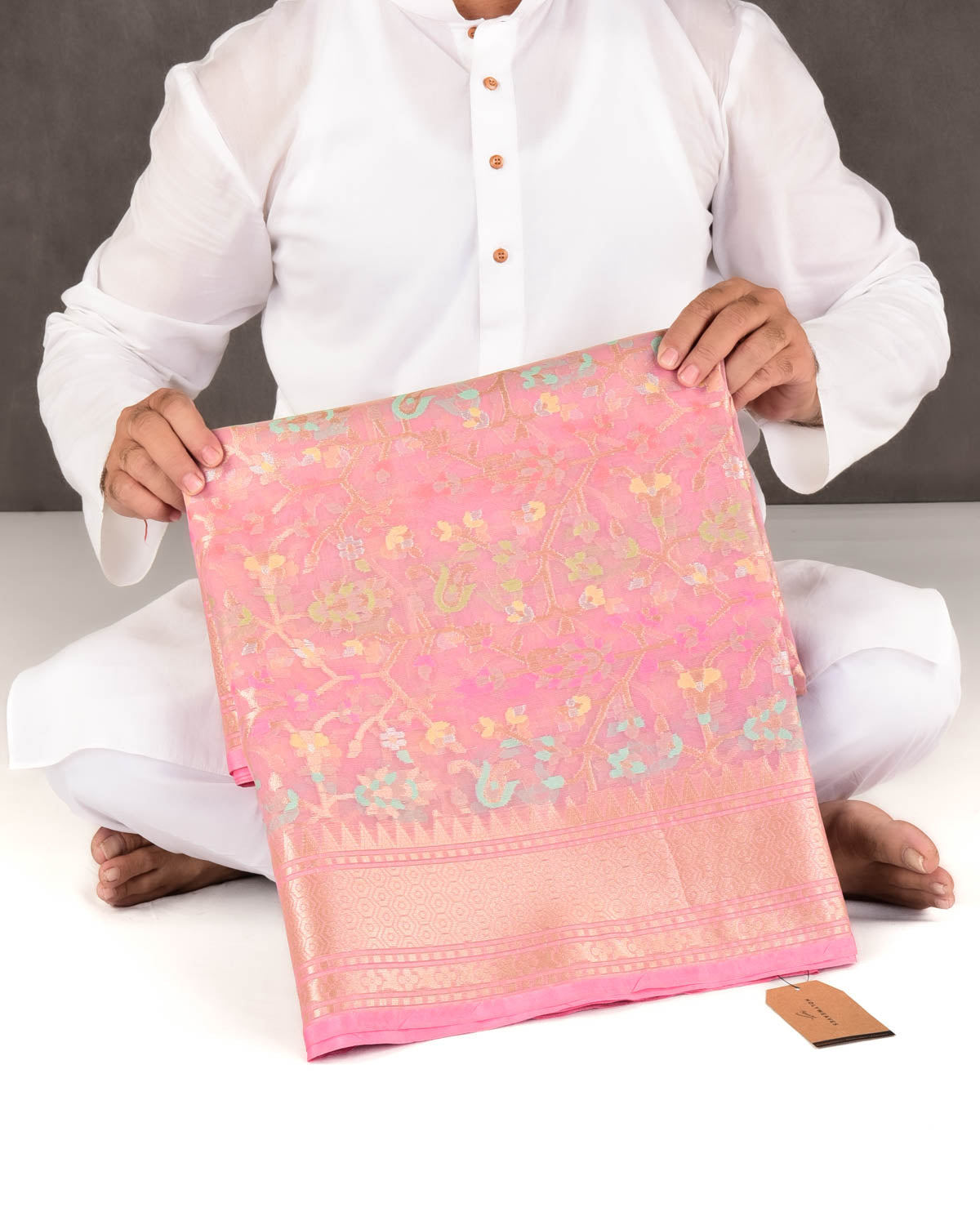 Tuscany Peach Banarasi Gold Zari & Meenekari Paisley Jaal Cutwork Brocade Woven Art Kora Silk Saree-HolyWeaves