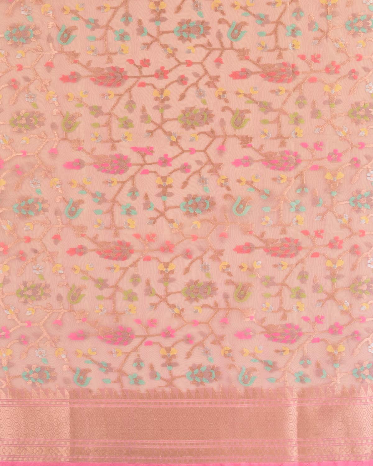 Tuscany Peach Banarasi Gold Zari & Meenekari Paisley Jaal Cutwork Brocade Woven Art Kora Silk Saree-HolyWeaves