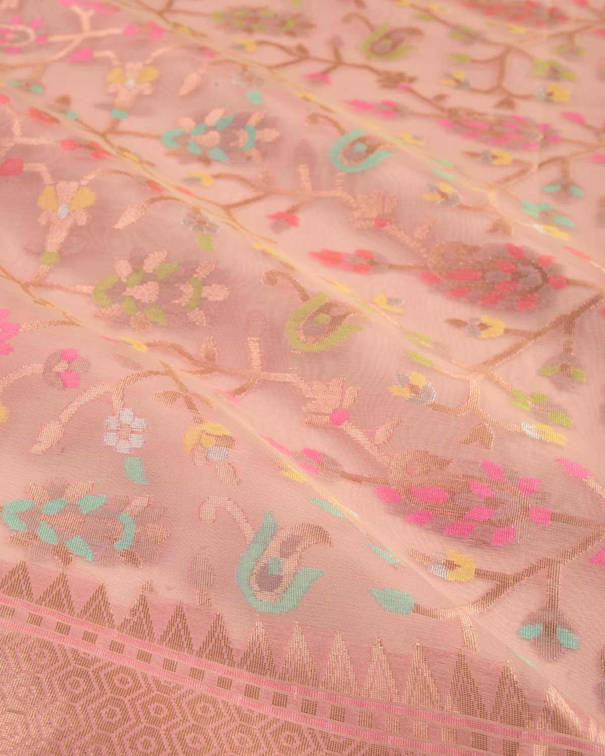 Tuscany Peach Banarasi Gold Zari & Meenekari Paisley Jaal Cutwork Brocade Woven Art Kora Silk Saree-HolyWeaves