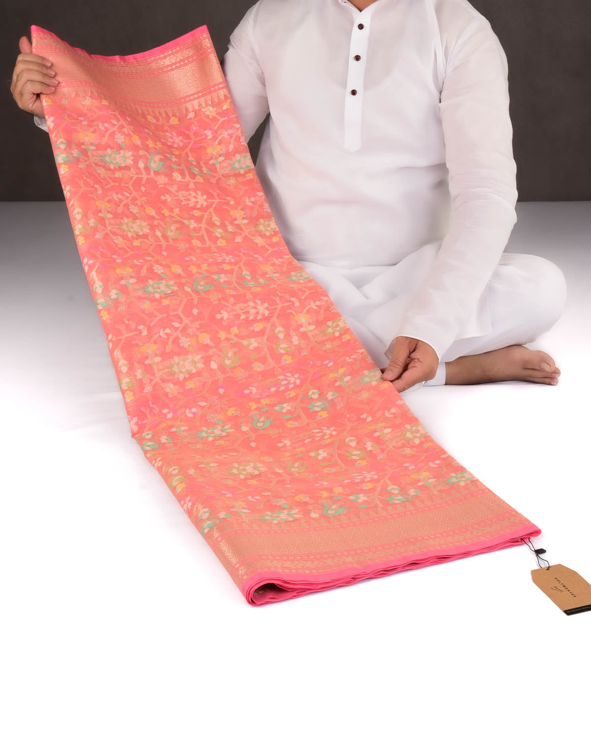 Salmon Pink Banarasi Gold Zari & Meenekari Paisley Jaal Cutwork Brocade Woven Art Kora Silk Saree-HolyWeaves