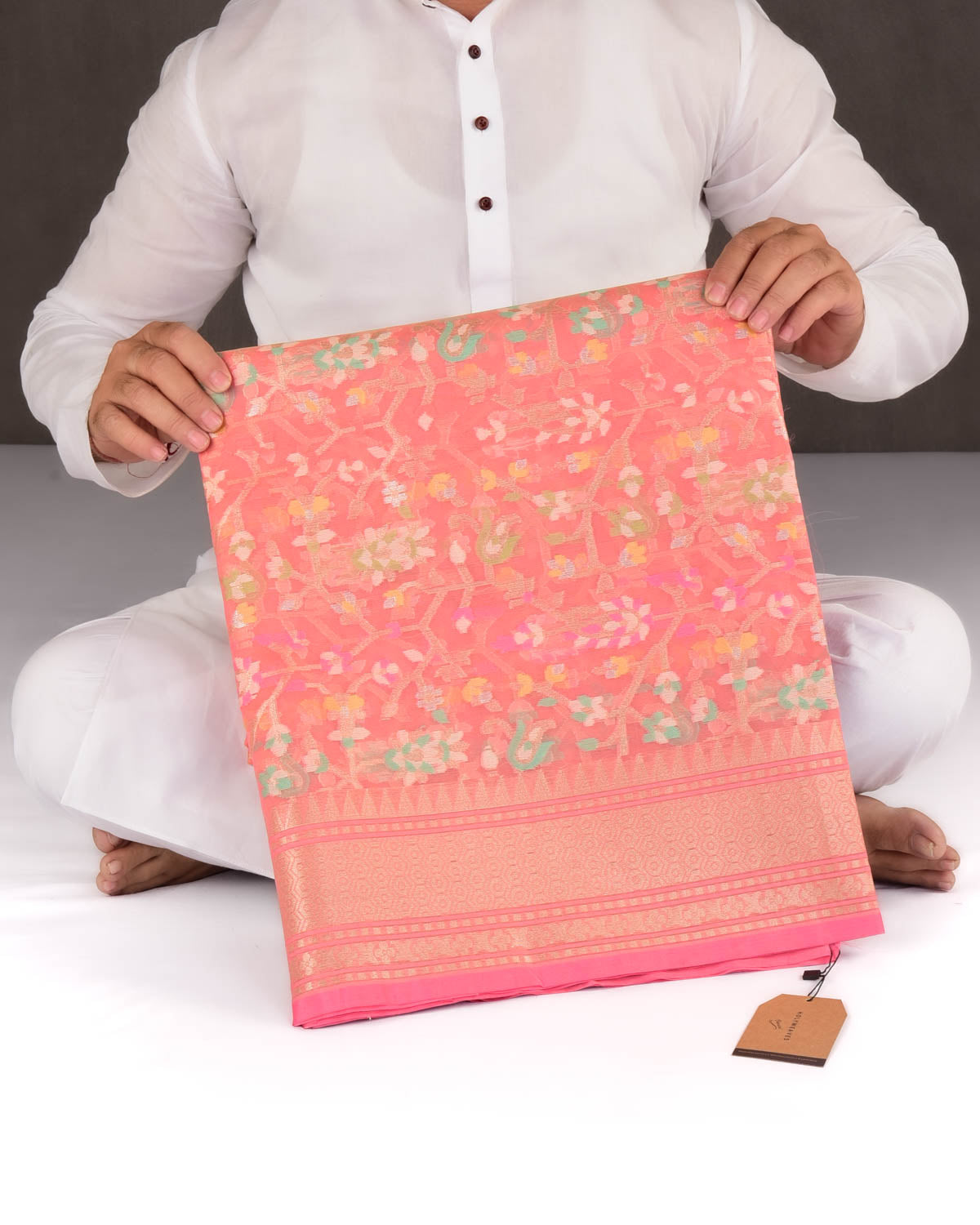 Salmon Pink Banarasi Gold Zari & Meenekari Paisley Jaal Cutwork Brocade Woven Art Kora Silk Saree-HolyWeaves