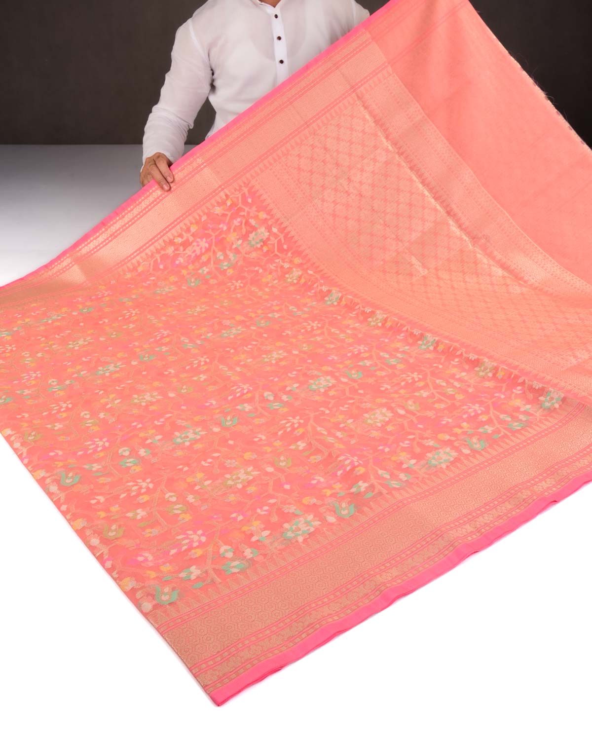 Salmon Pink Banarasi Gold Zari & Meenekari Paisley Jaal Cutwork Brocade Woven Art Kora Silk Saree-HolyWeaves