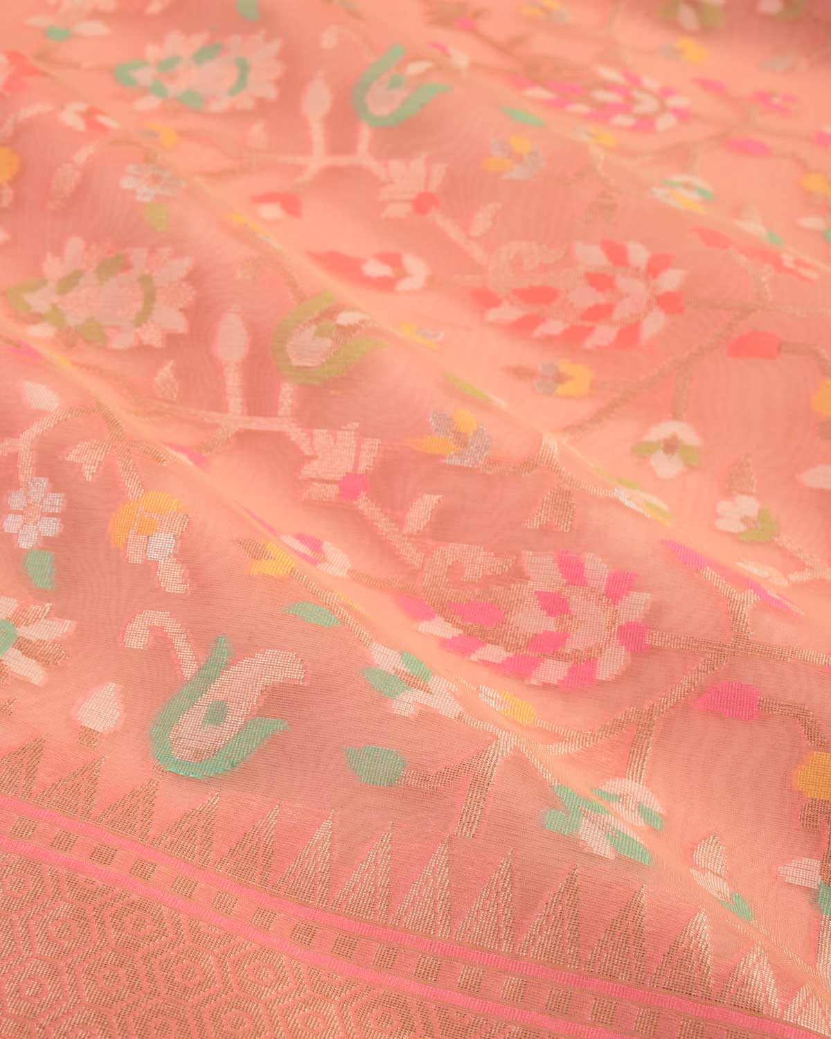 Salmon Pink Banarasi Gold Zari & Meenekari Paisley Jaal Cutwork Brocade Woven Art Kora Silk Saree-HolyWeaves