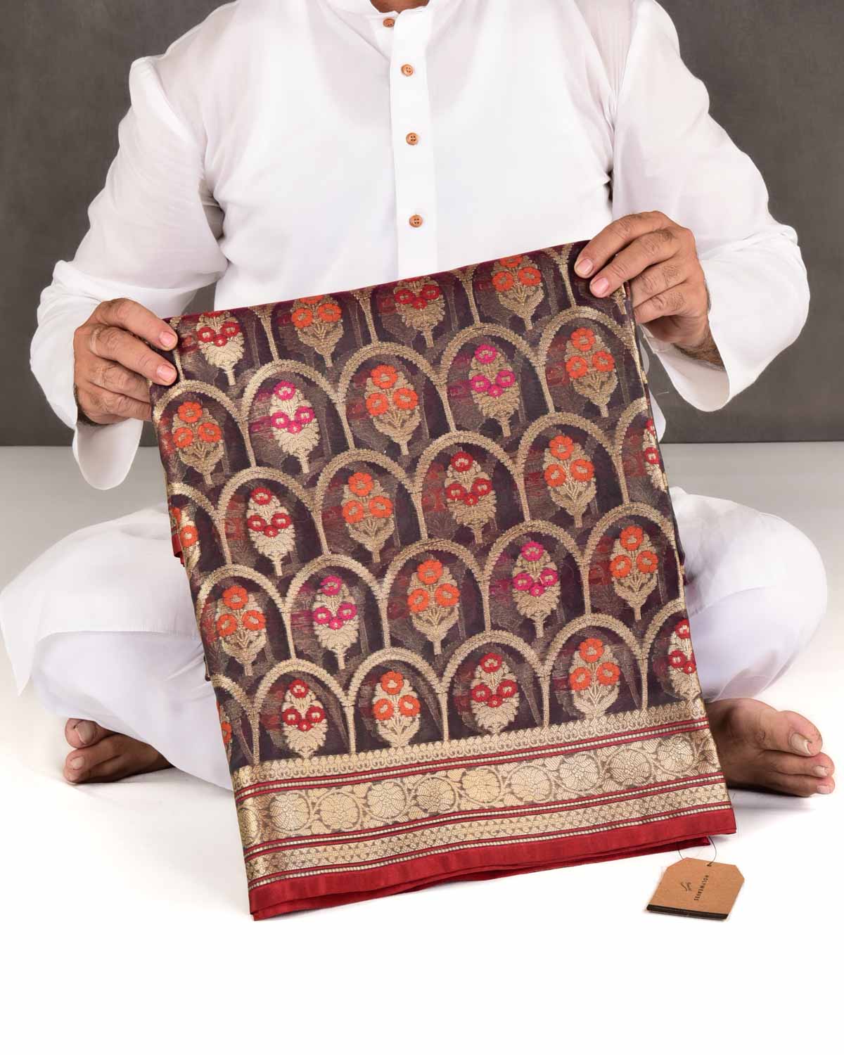 Shot Black Olive Banarasi Gold Zari & Meenekari Guldasta Jharokha Cutwork Brocade Woven Art Kora Silk Saree-HolyWeaves