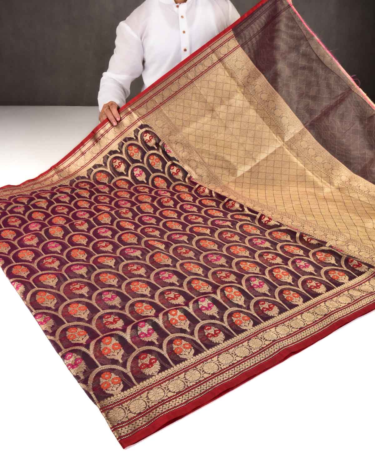 Shot Black Olive Banarasi Gold Zari & Meenekari Guldasta Jharokha Cutwork Brocade Woven Art Kora Silk Saree-HolyWeaves