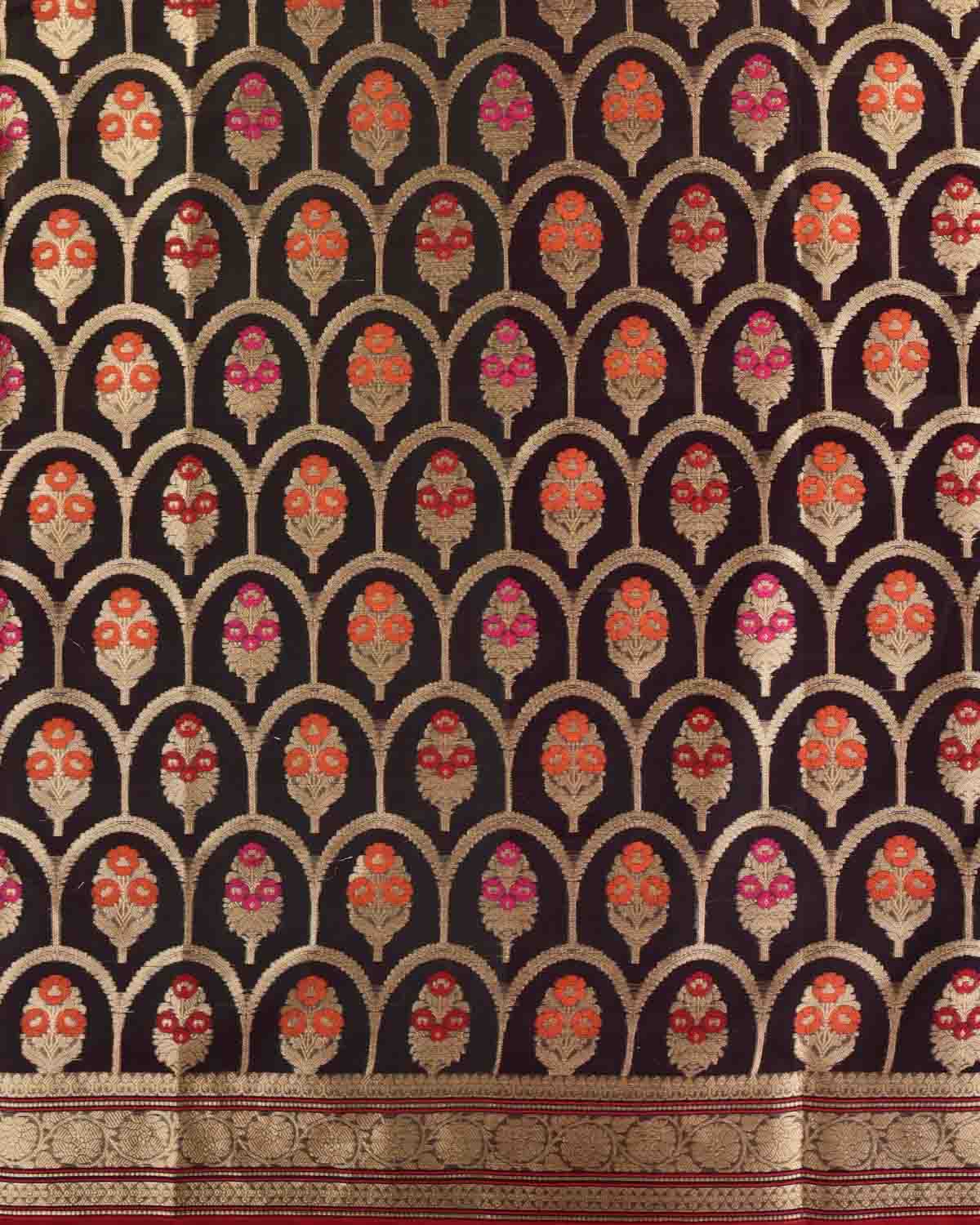 Shot Black Olive Banarasi Gold Zari & Meenekari Guldasta Jharokha Cutwork Brocade Woven Art Kora Silk Saree-HolyWeaves