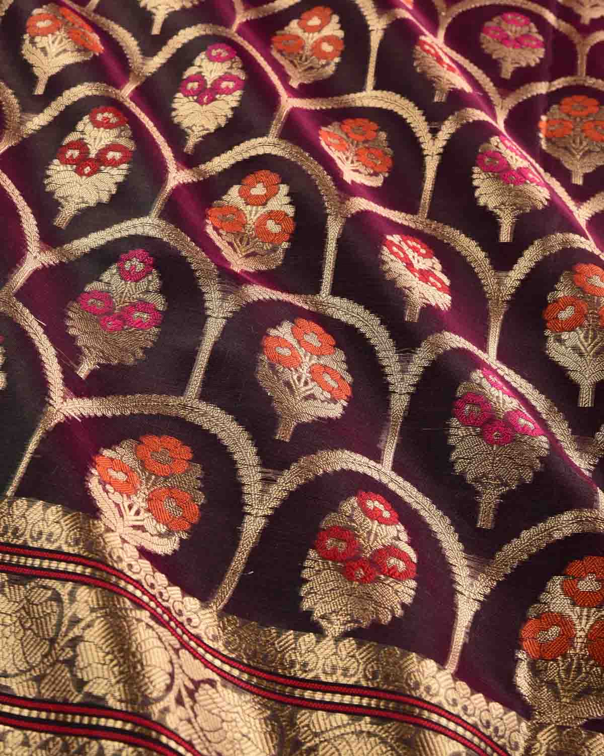 Shot Black Olive Banarasi Gold Zari & Meenekari Guldasta Jharokha Cutwork Brocade Woven Art Kora Silk Saree-HolyWeaves