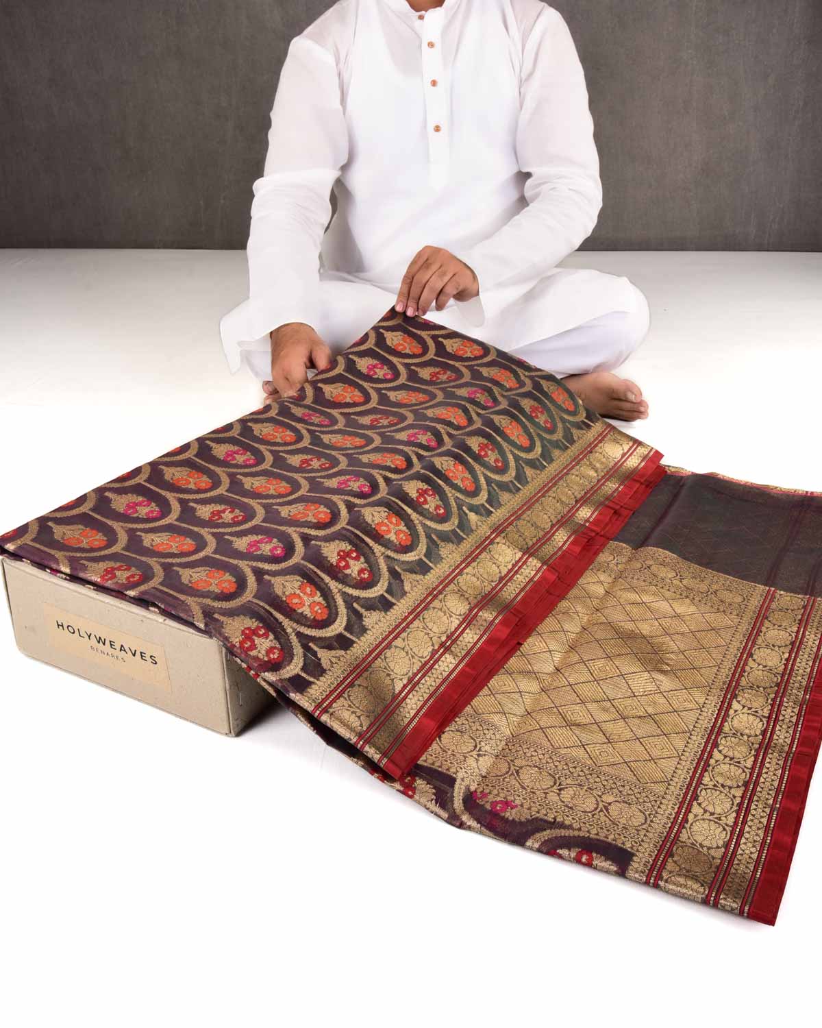 Shot Black Olive Banarasi Gold Zari & Meenekari Guldasta Jharokha Cutwork Brocade Woven Art Kora Silk Saree-HolyWeaves