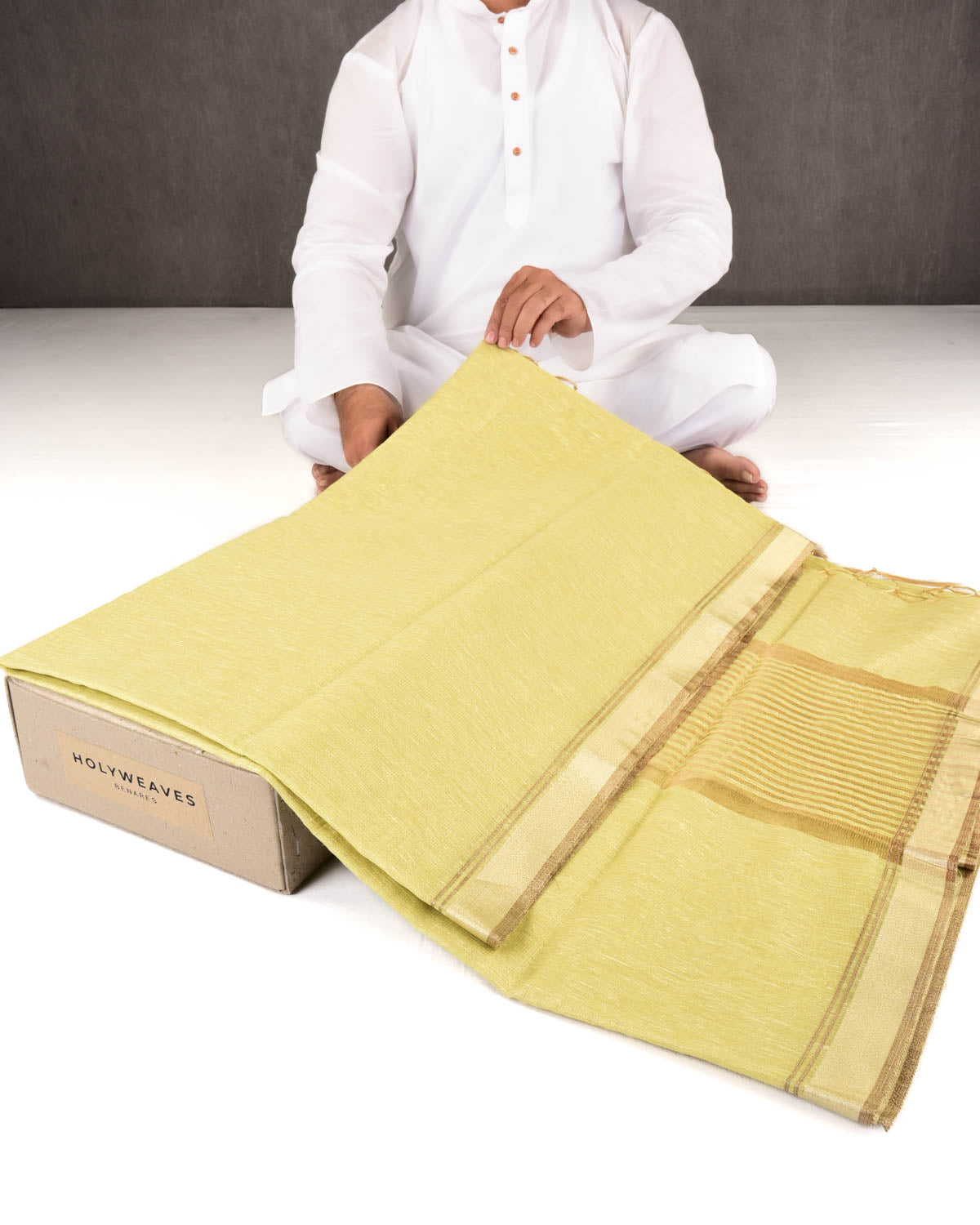 Metallic Green Banarasi Dual Zari Border Brocade Woven Art Cotton Tissue Saree-HolyWeaves