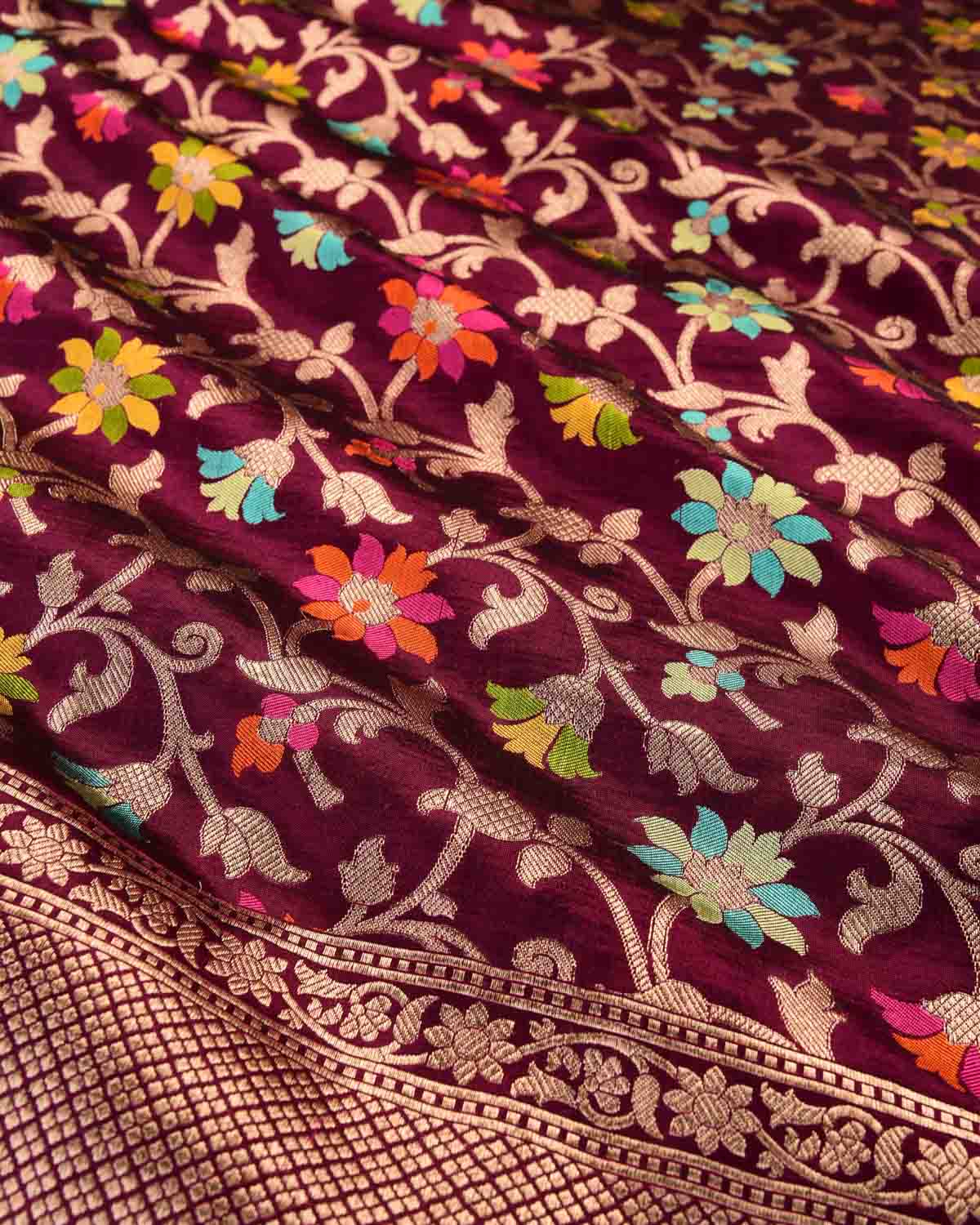 Purple Magenta Banarasi Gold Zari and Multi-Color Resham Tehri Cutwork Brocade Handwoven Katan Silk Saree-HolyWeaves