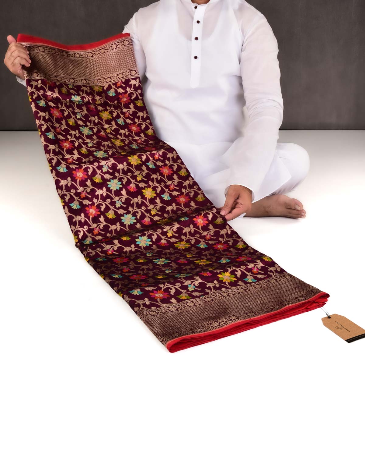 Purple Magenta Banarasi Gold Zari and Multi-Color Resham Tehri Cutwork Brocade Handwoven Katan Silk Saree-HolyWeaves