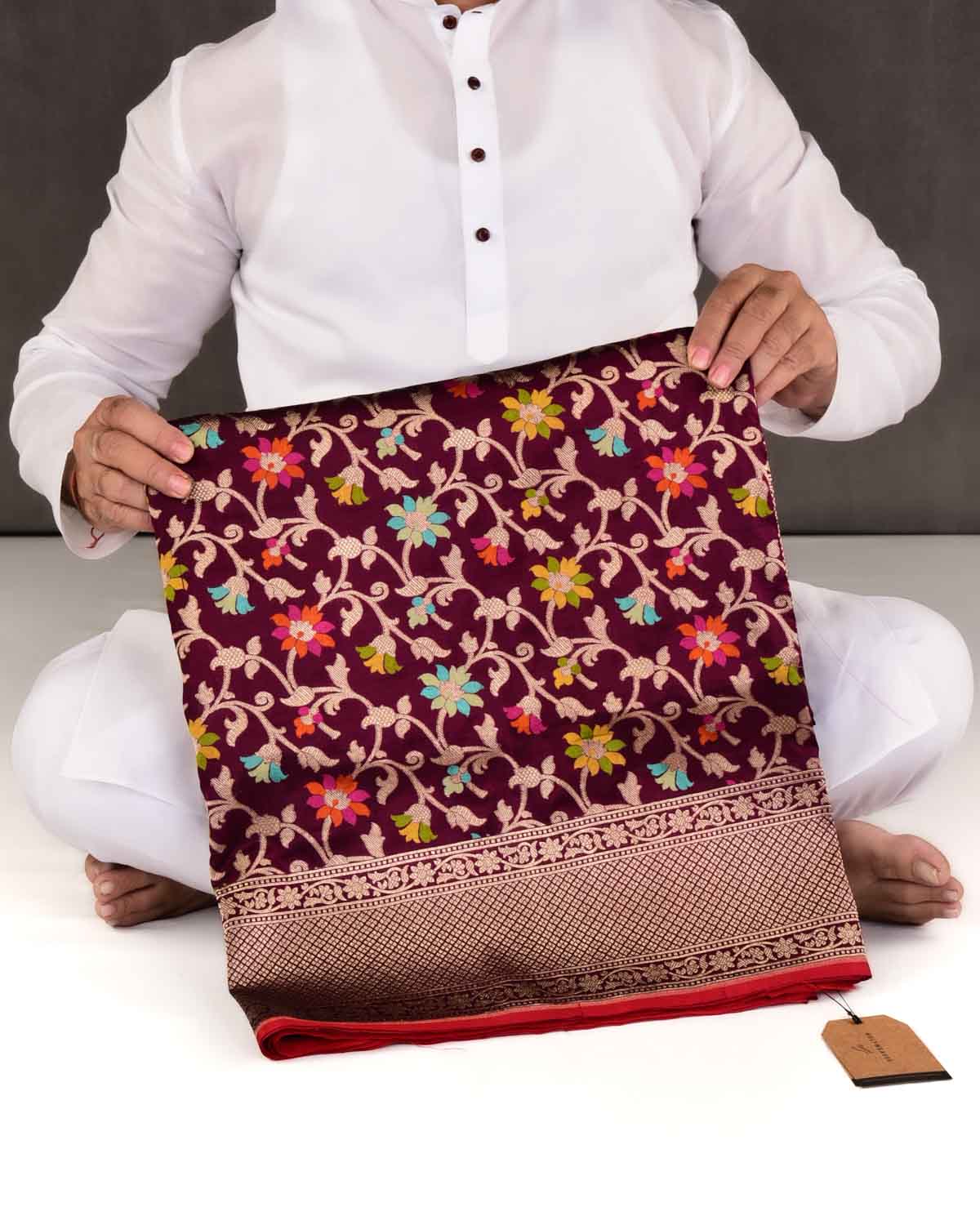 Purple Magenta Banarasi Gold Zari and Multi-Color Resham Tehri Cutwork Brocade Handwoven Katan Silk Saree-HolyWeaves