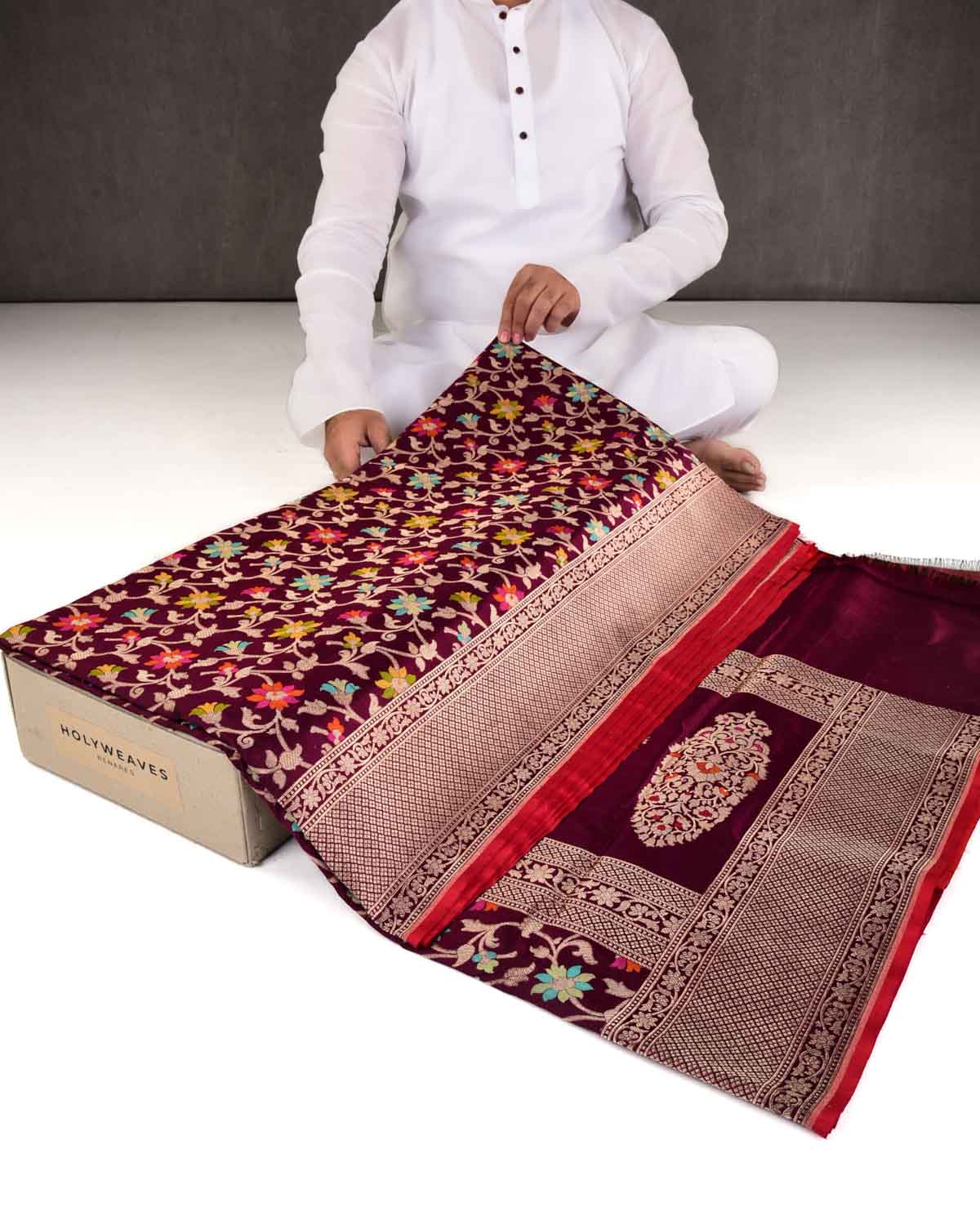 Purple Magenta Banarasi Gold Zari and Multi-Color Resham Tehri Cutwork Brocade Handwoven Katan Silk Saree-HolyWeaves