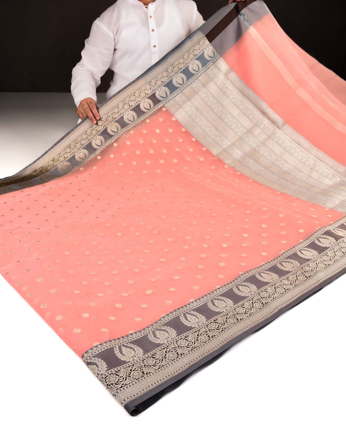 Peach Banarasi Gold Zari Buti Cutwork Brocade Woven Art Kora Silk Saree with Contrast Grey Border Pallu-HolyWeaves