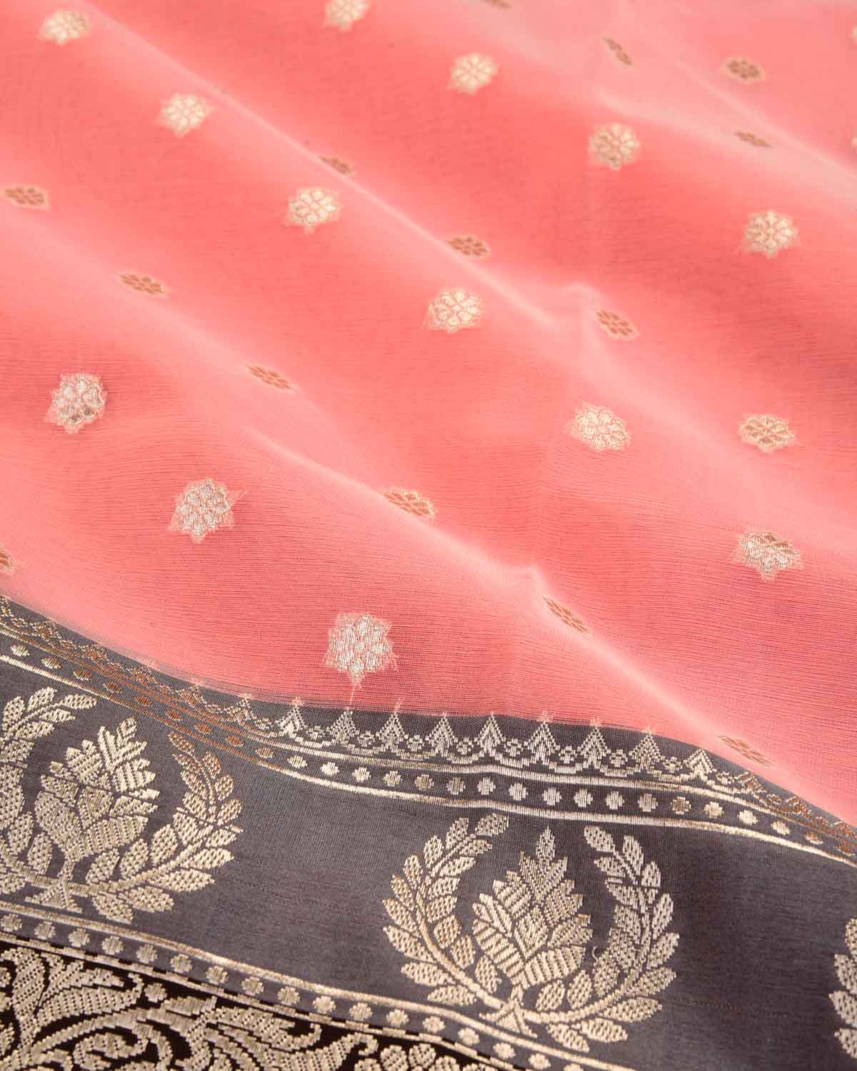 Peach Banarasi Gold Zari Buti Cutwork Brocade Woven Art Kora Silk Saree with Contrast Grey Border Pallu-HolyWeaves