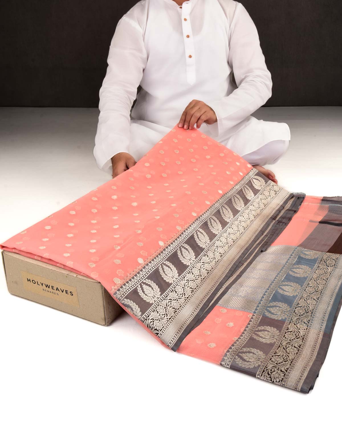 Peach Banarasi Gold Zari Buti Cutwork Brocade Woven Art Kora Silk Saree with Contrast Grey Border Pallu-HolyWeaves