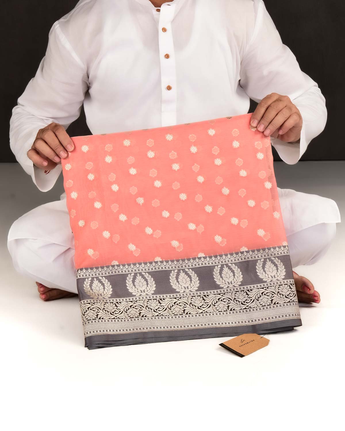 Peach Banarasi Gold Zari Buti Cutwork Brocade Woven Art Kora Silk Saree with Contrast Grey Border Pallu-HolyWeaves