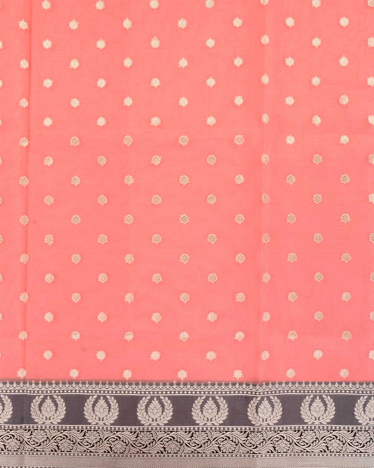 Peach Banarasi Gold Zari Buti Cutwork Brocade Woven Art Kora Silk Saree with Contrast Grey Border Pallu-HolyWeaves