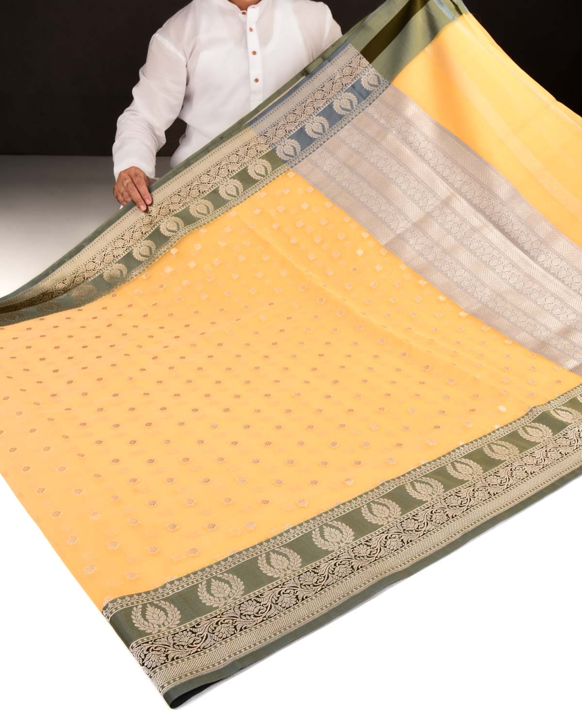 Yellow Banarasi Gold Zari Buti Cutwork Brocade Woven Art Kora Silk Saree with Contrast Grey Border Pallu-HolyWeaves