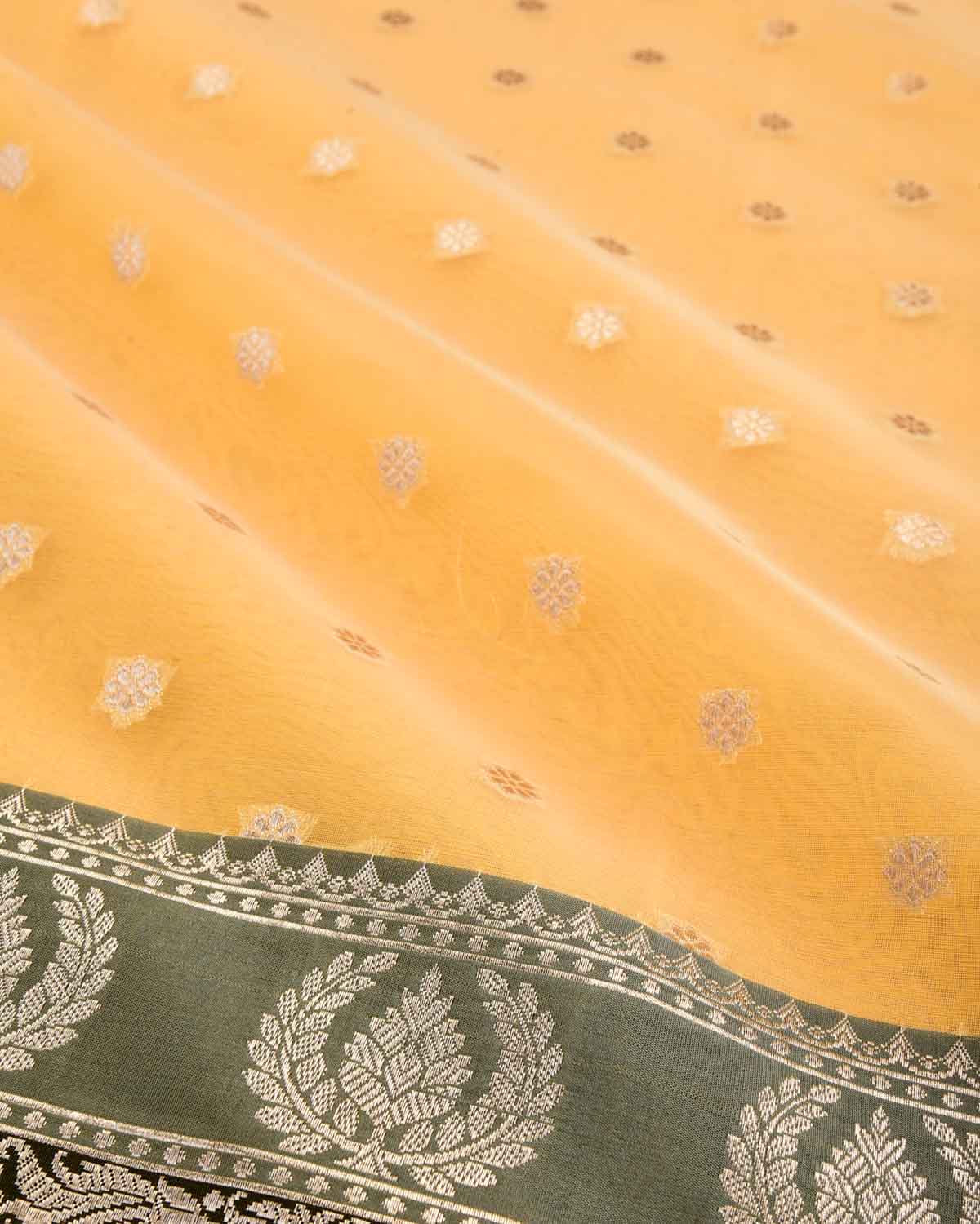 Yellow Banarasi Gold Zari Buti Cutwork Brocade Woven Art Kora Silk Saree with Contrast Grey Border Pallu-HolyWeaves