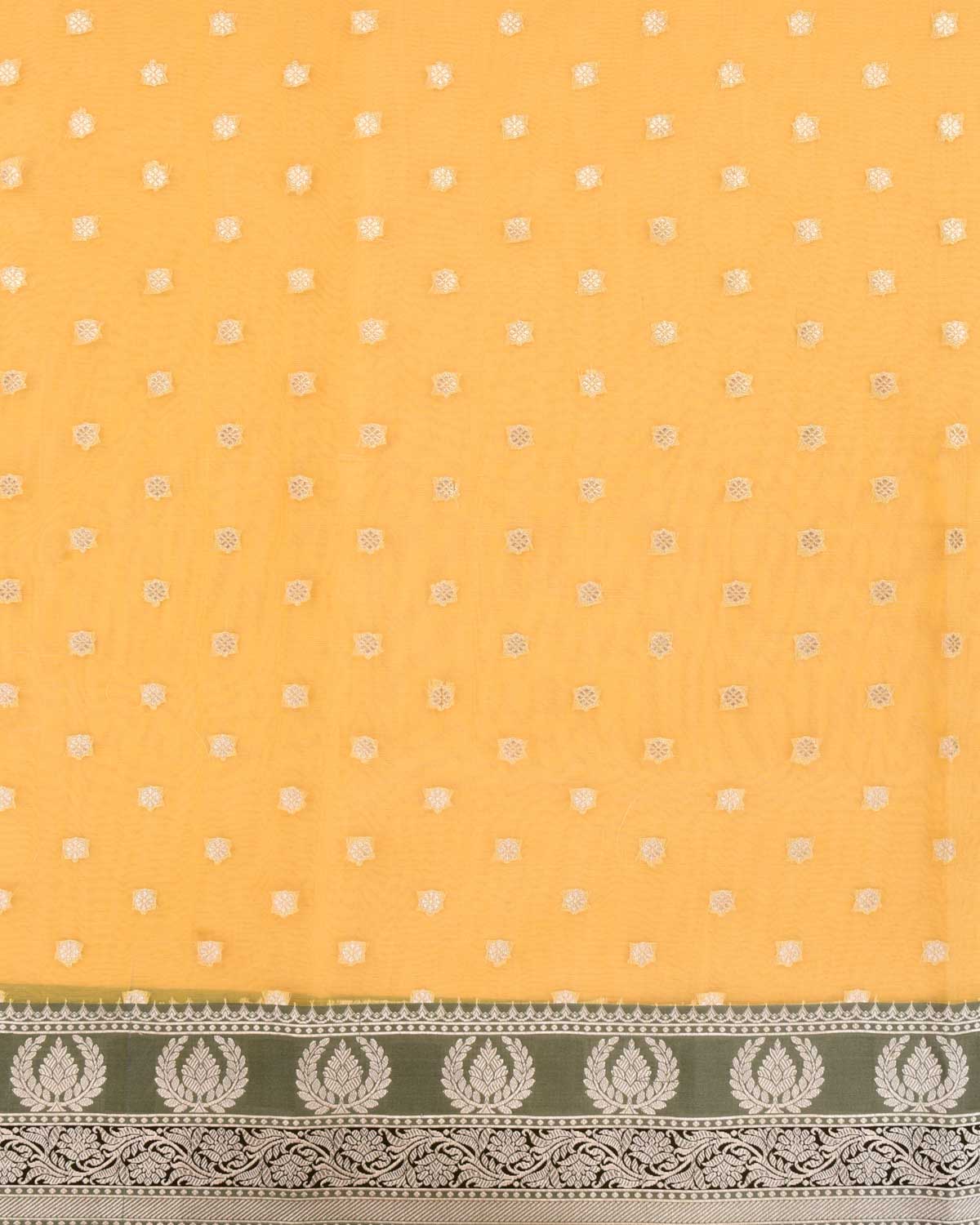 Yellow Banarasi Gold Zari Buti Cutwork Brocade Woven Art Kora Silk Saree with Contrast Grey Border Pallu-HolyWeaves