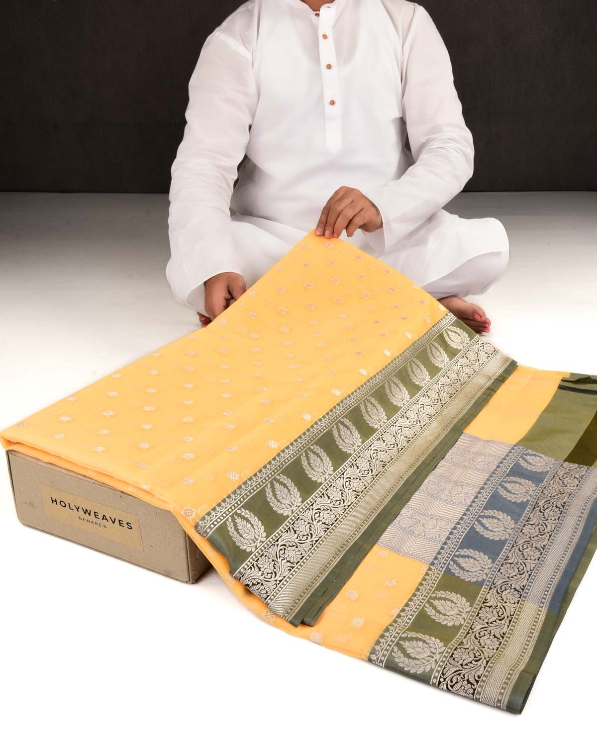 Yellow Banarasi Gold Zari Buti Cutwork Brocade Woven Art Kora Silk Saree with Contrast Grey Border Pallu-HolyWeaves