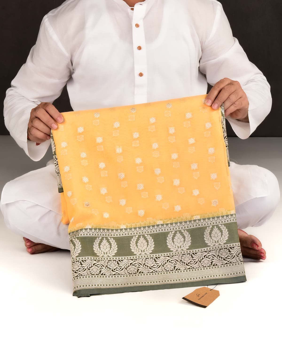 Yellow Banarasi Gold Zari Buti Cutwork Brocade Woven Art Kora Silk Saree with Contrast Grey Border Pallu-HolyWeaves