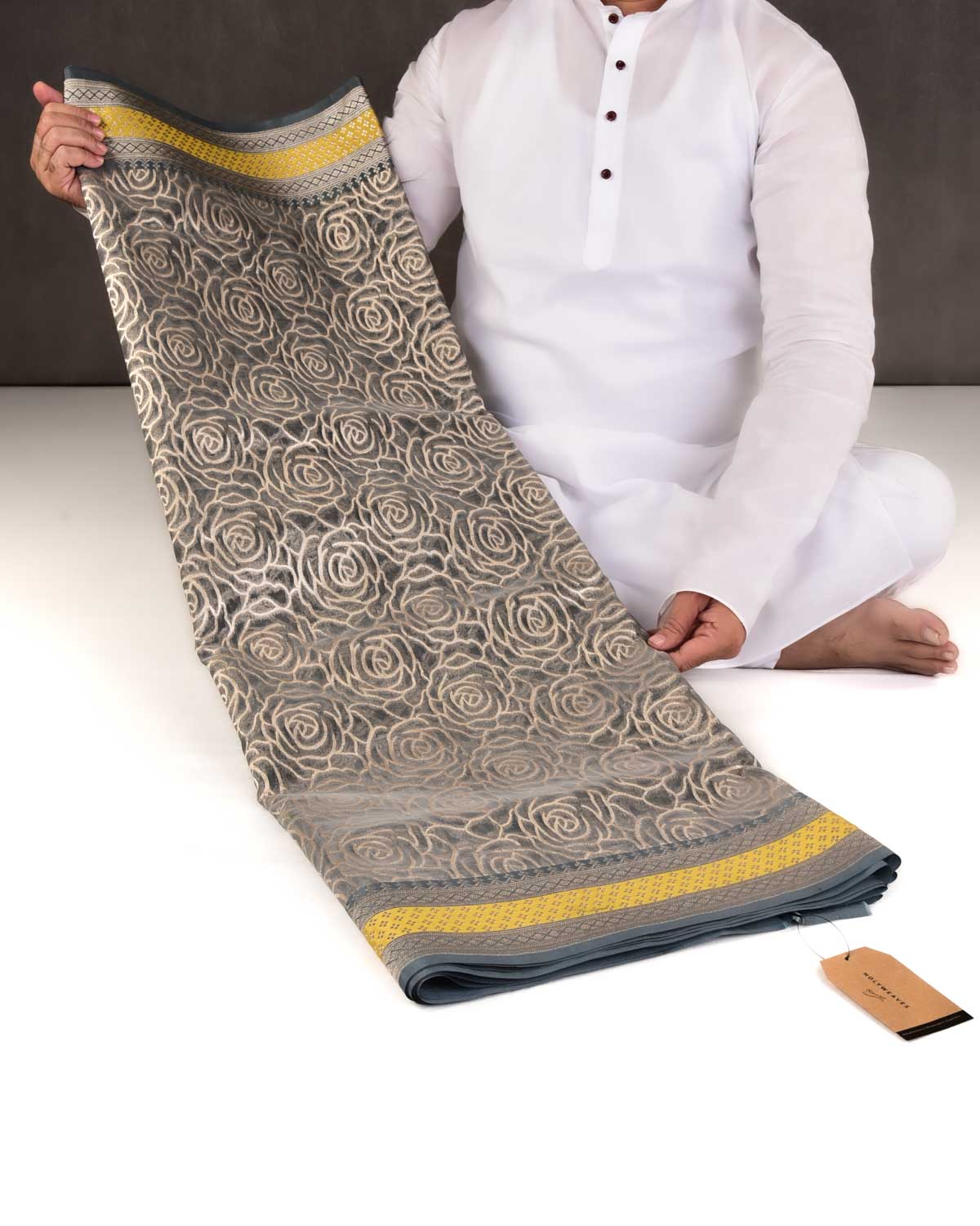 Gray Banarasi Gold Zari Gulab Jaal Cutwork Brocade Woven Art Kora Silk Saree with Contrast Grey Yellow Border Pallu-HolyWeaves