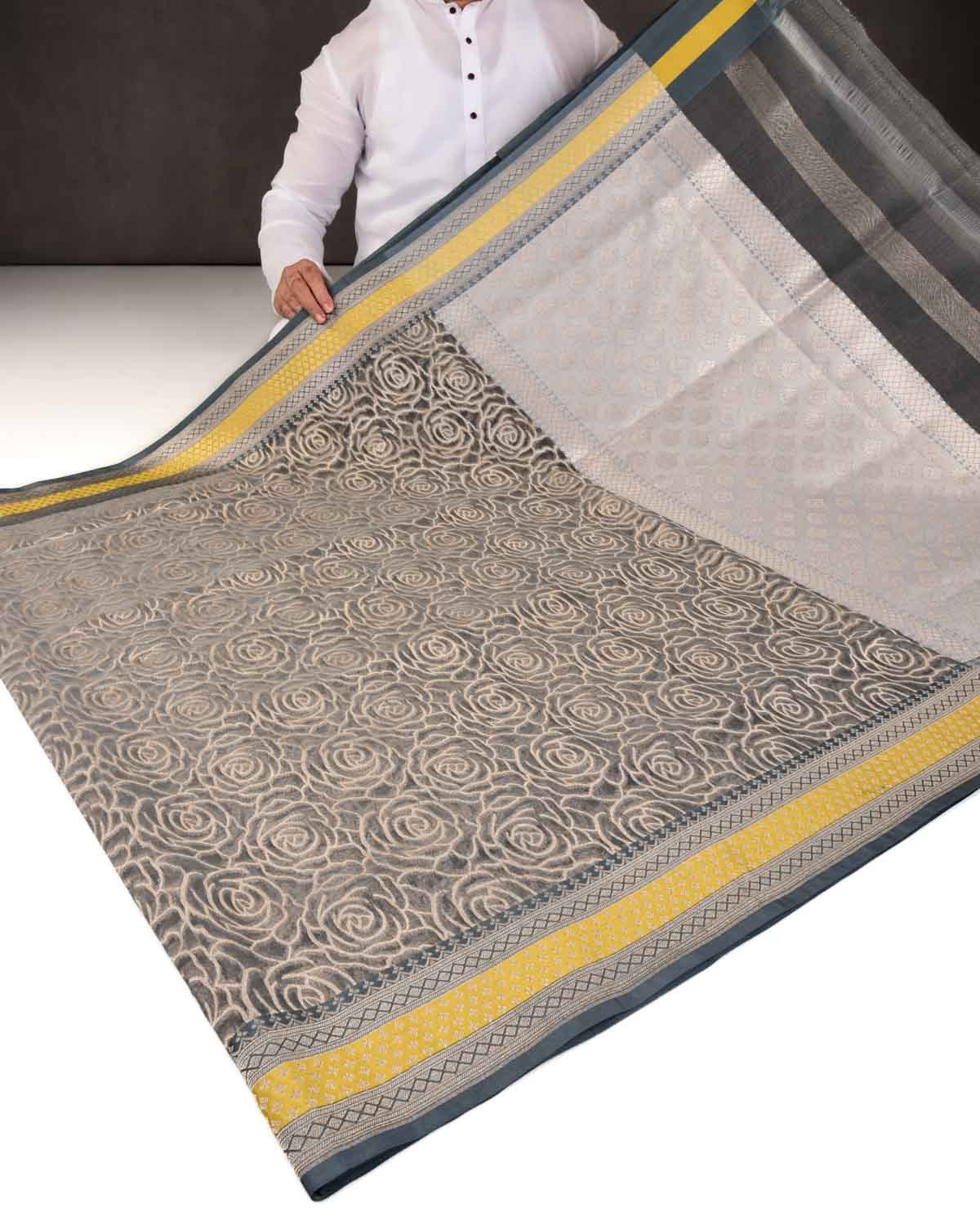 Gray Banarasi Gold Zari Gulab Jaal Cutwork Brocade Woven Art Kora Silk Saree with Contrast Grey Yellow Border Pallu-HolyWeaves