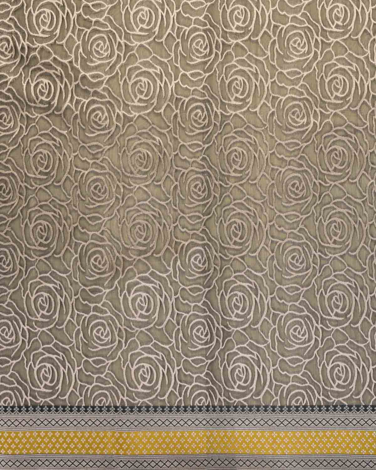 Gray Banarasi Gold Zari Gulab Jaal Cutwork Brocade Woven Art Kora Silk Saree with Contrast Grey Yellow Border Pallu-HolyWeaves