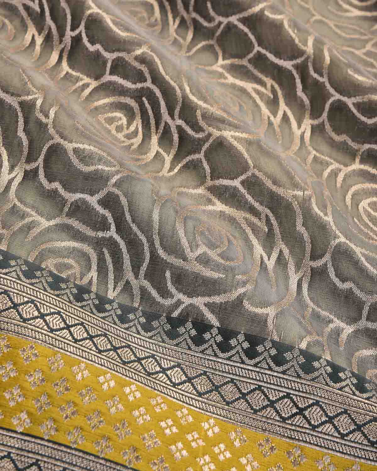 Gray Banarasi Gold Zari Gulab Jaal Cutwork Brocade Woven Art Kora Silk Saree with Contrast Grey Yellow Border Pallu-HolyWeaves