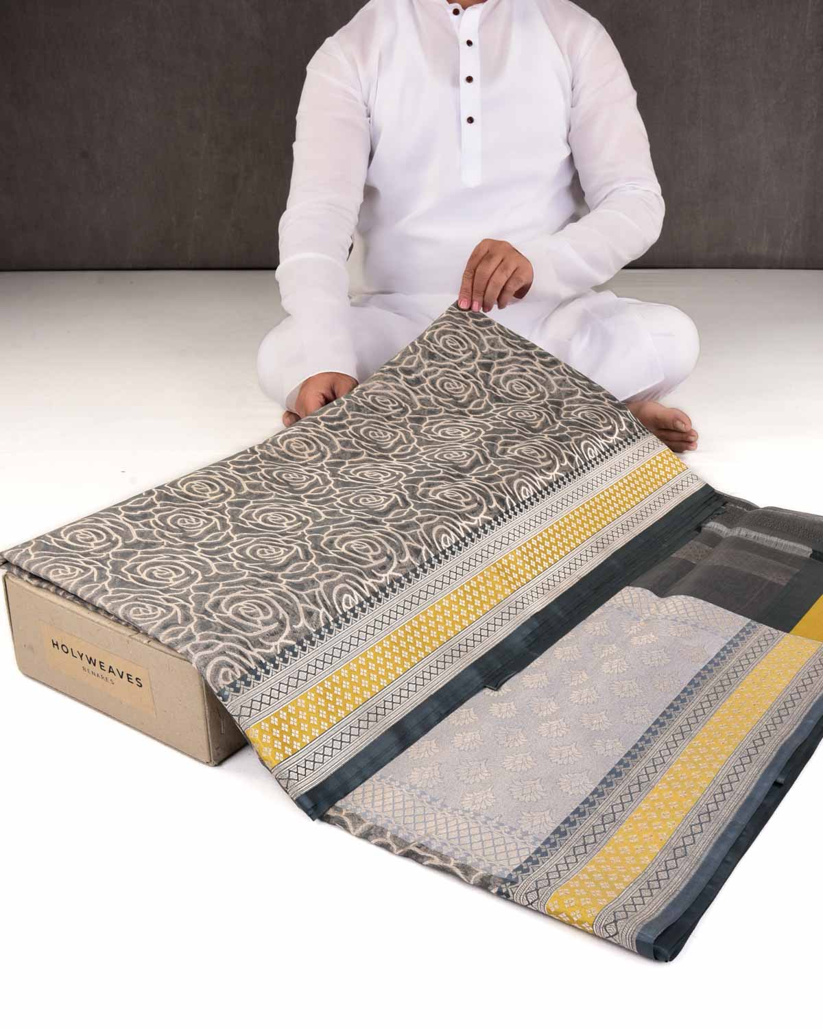 Gray Banarasi Gold Zari Gulab Jaal Cutwork Brocade Woven Art Kora Silk Saree with Contrast Grey Yellow Border Pallu-HolyWeaves